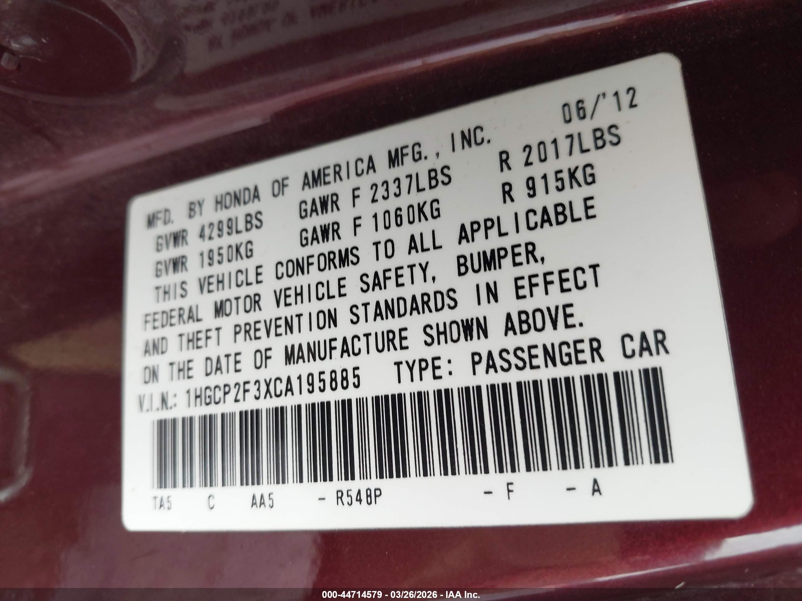 2012 Honda Accord 2.4 Lx Maroon vin: 1HGCP2F3XCA195885