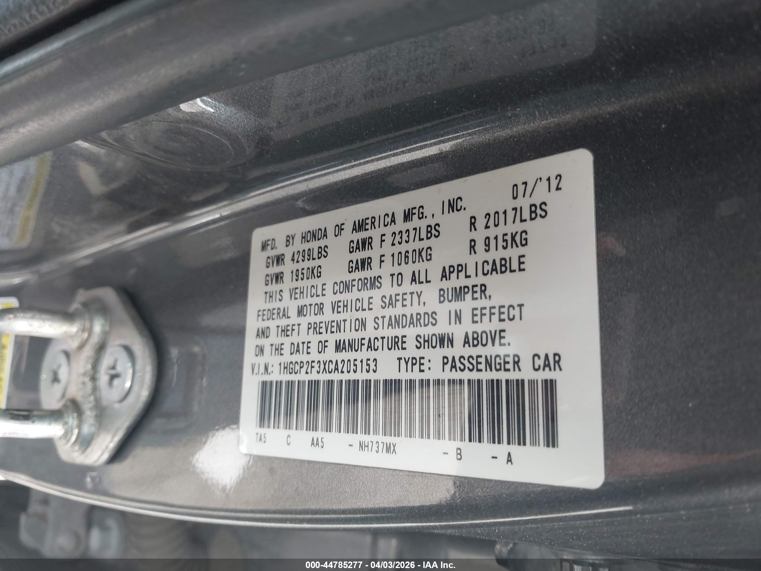 2012 Honda Accord 2.4 Lx Gray vin: 1HGCP2F3XCA205153