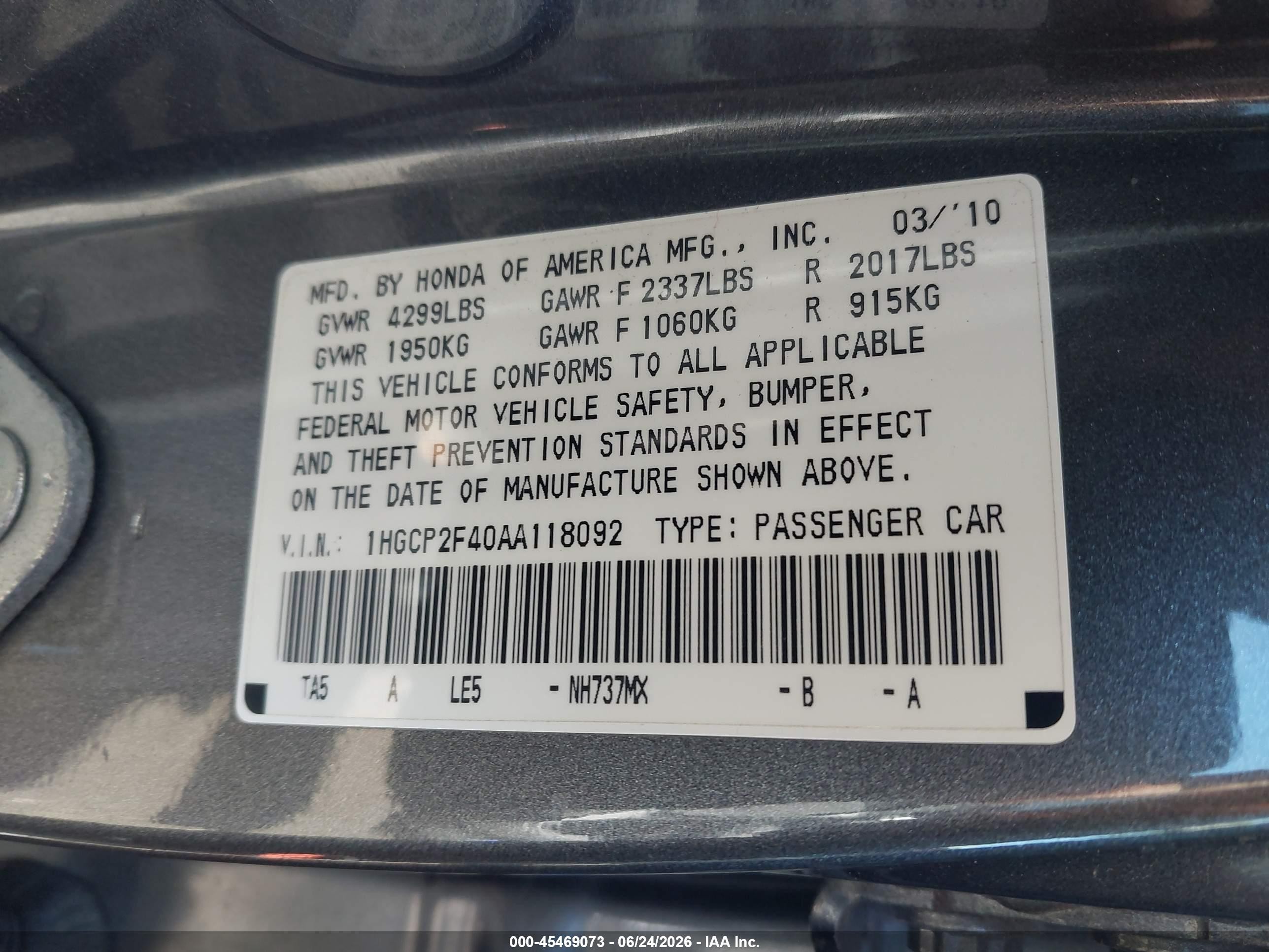 2010 Honda Accord 2.4 Lx-p Gray vin: 1HGCP2F40AA118092