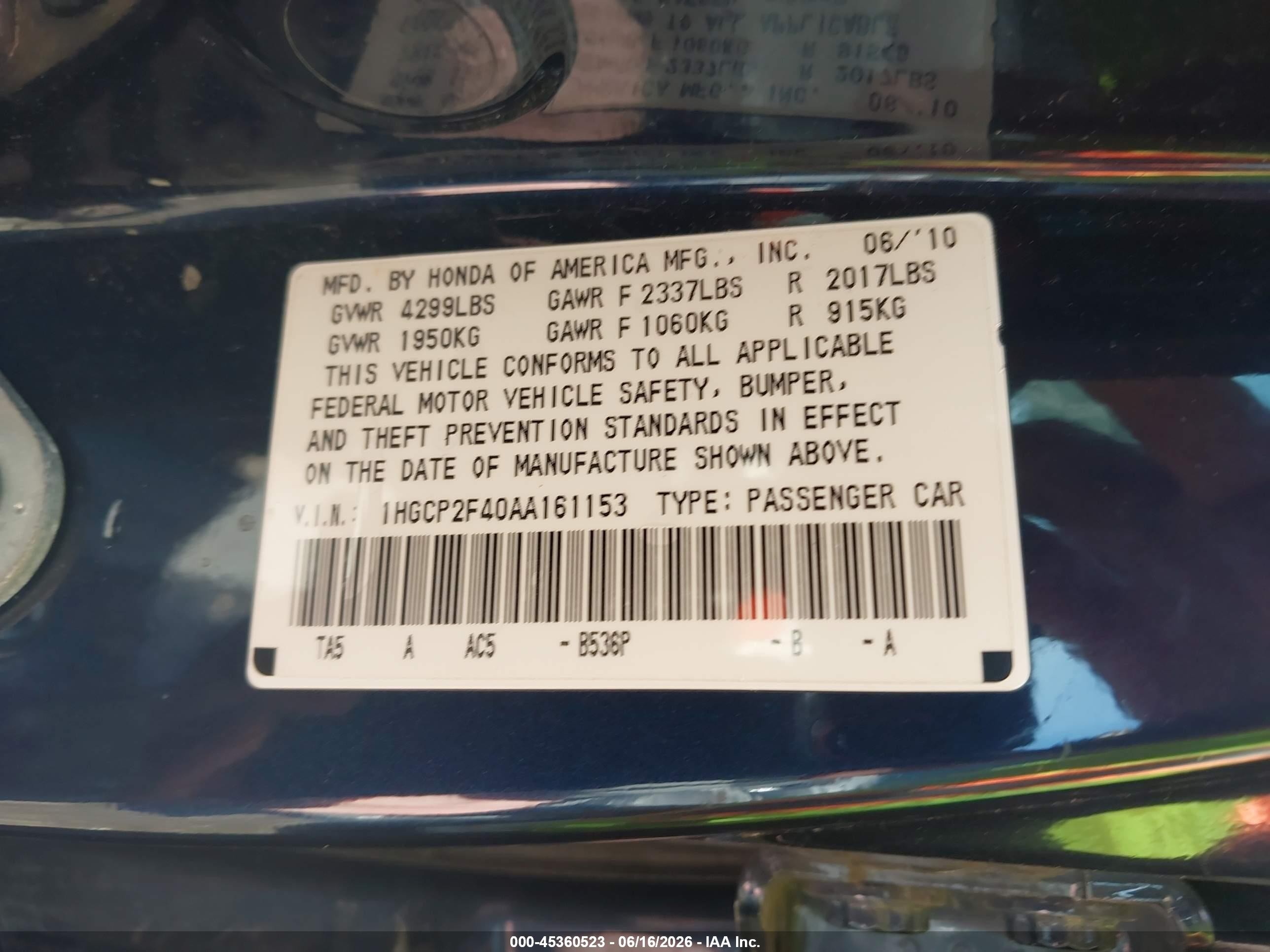 2010 Honda Accord 2.4 Lx-p Dark Blue vin: 1HGCP2F40AA161153