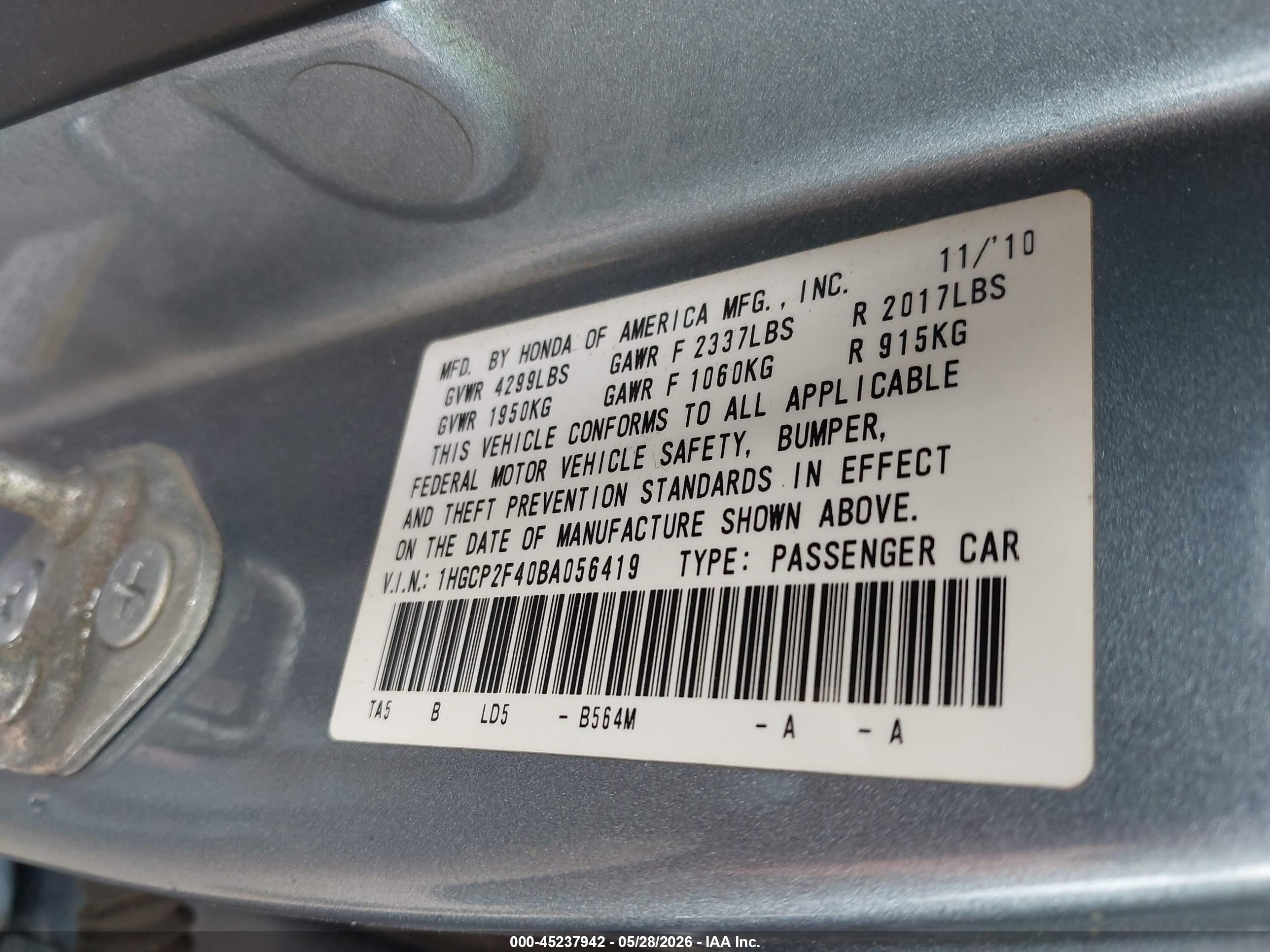 2011 Honda Accord 2.4 Lx-p Blue vin: 1HGCP2F40BA056419