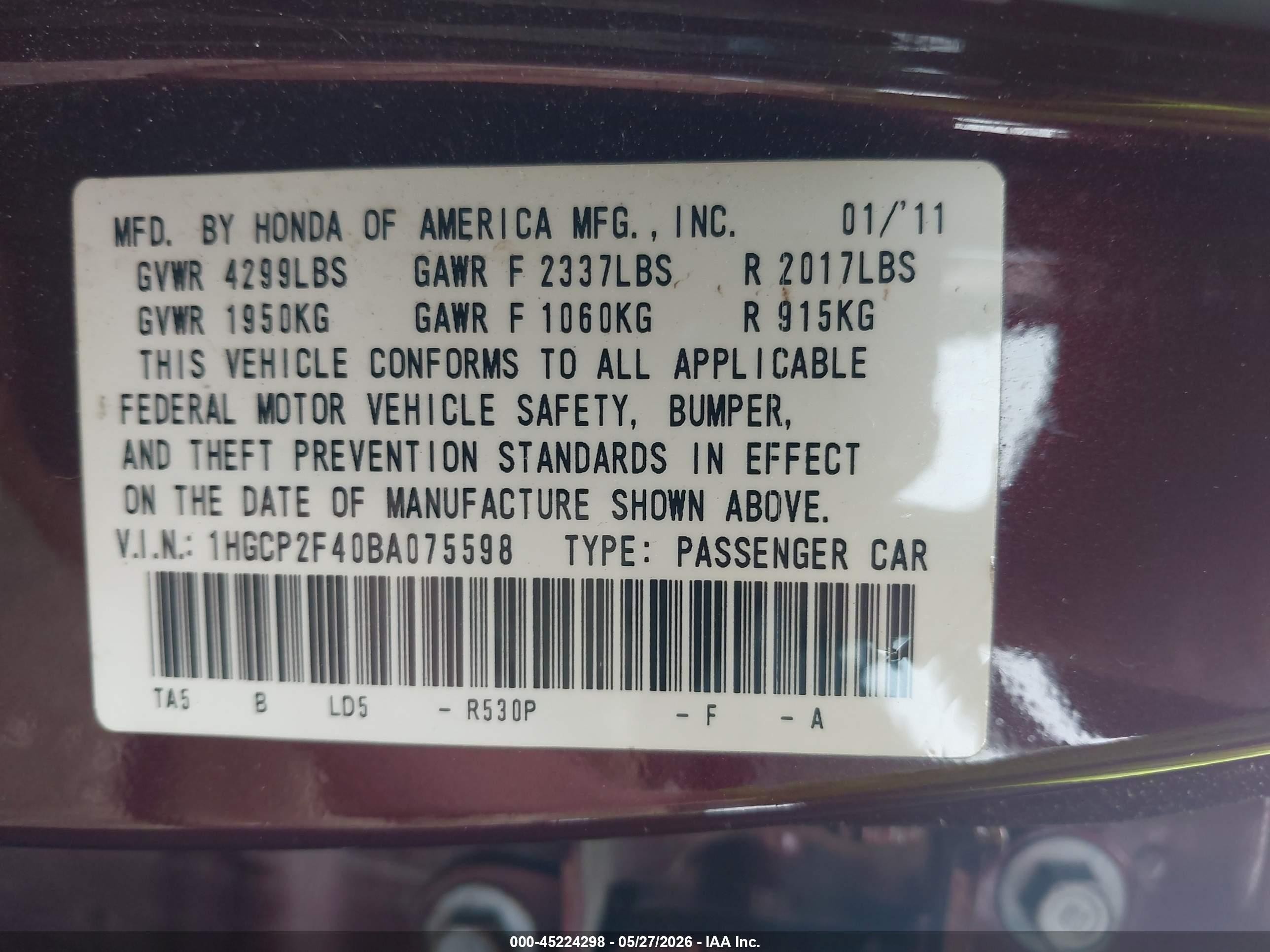 2011 Honda Accord 2.4 Lx-p Burgundy vin: 1HGCP2F40BA075598