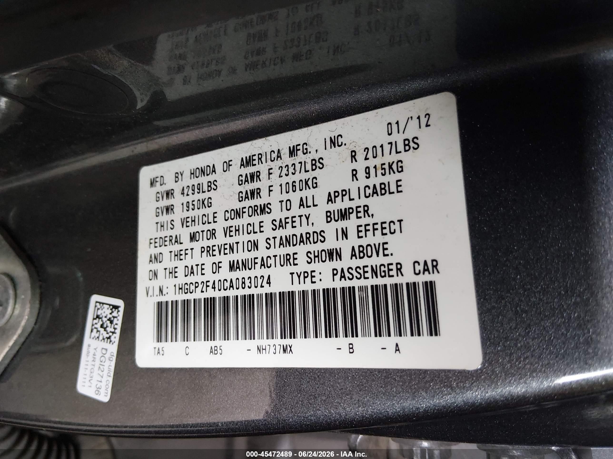 2012 Honda Accord 2.4 Lx-p Gray vin: 1HGCP2F40CA083024