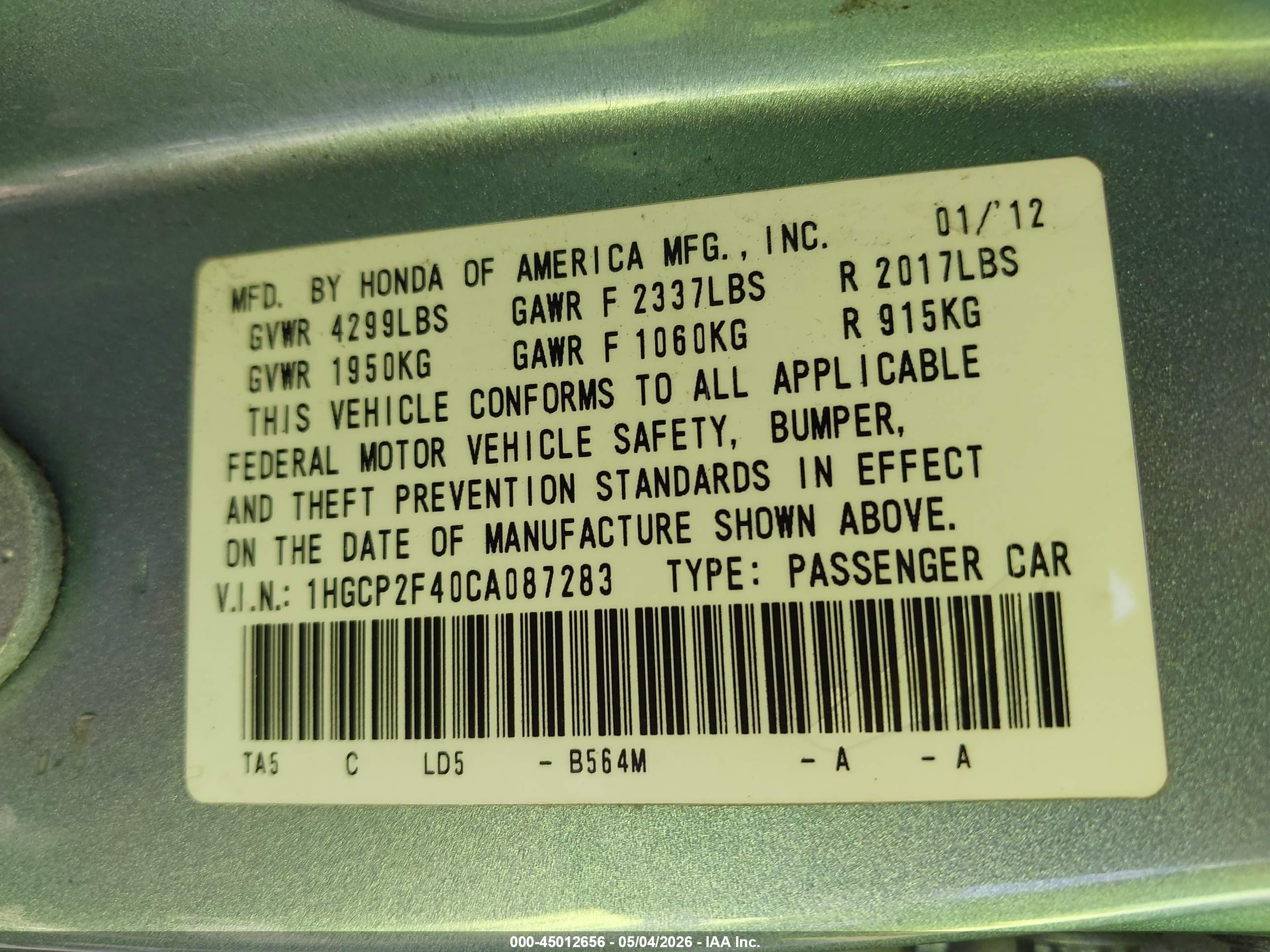 2012 Honda Accord 2.4 Lx-p Light Blue vin: 1HGCP2F40CA087283