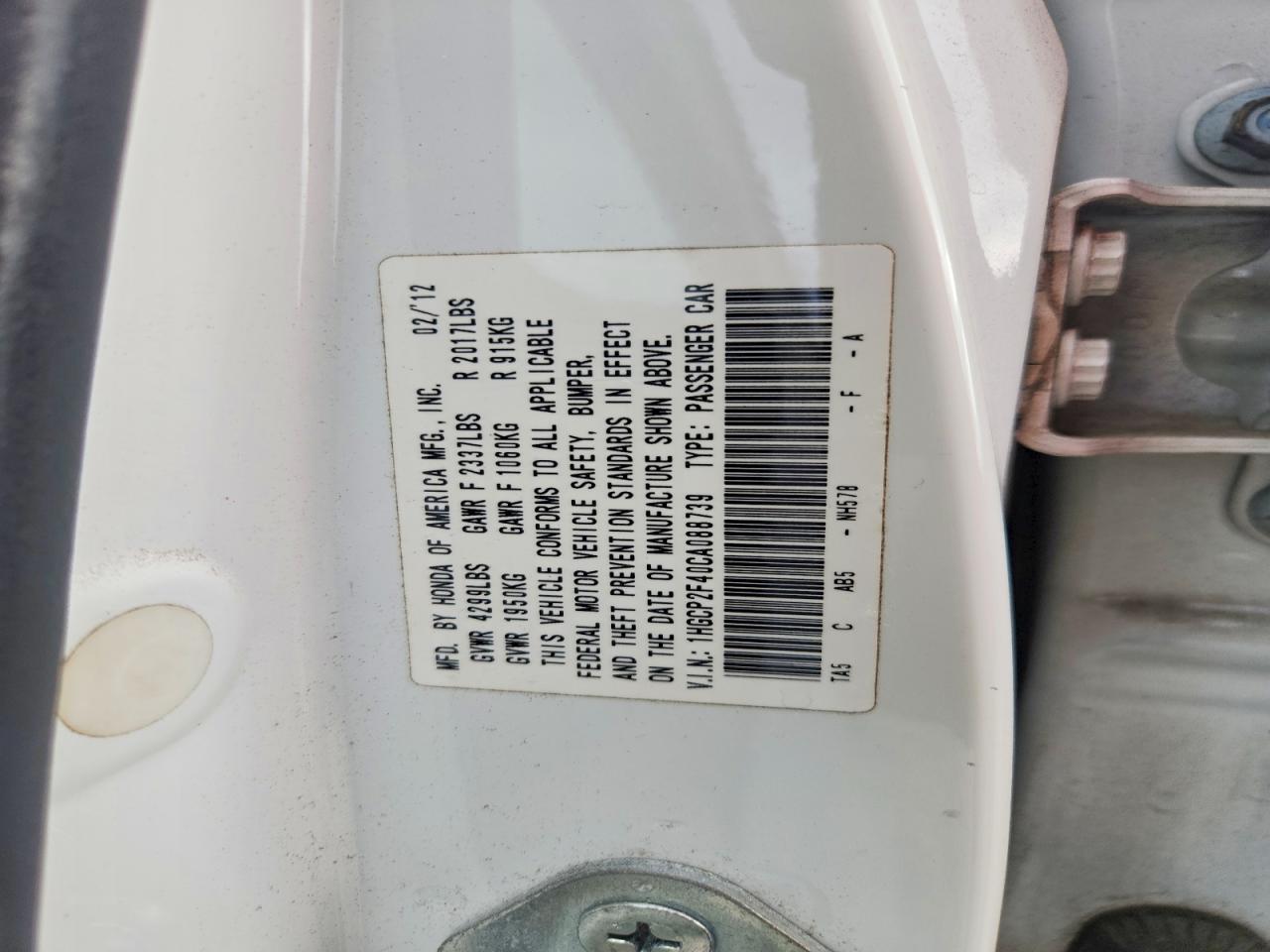 2012 Honda Accord Lxp Белый vin: 1HGCP2F40CA088739