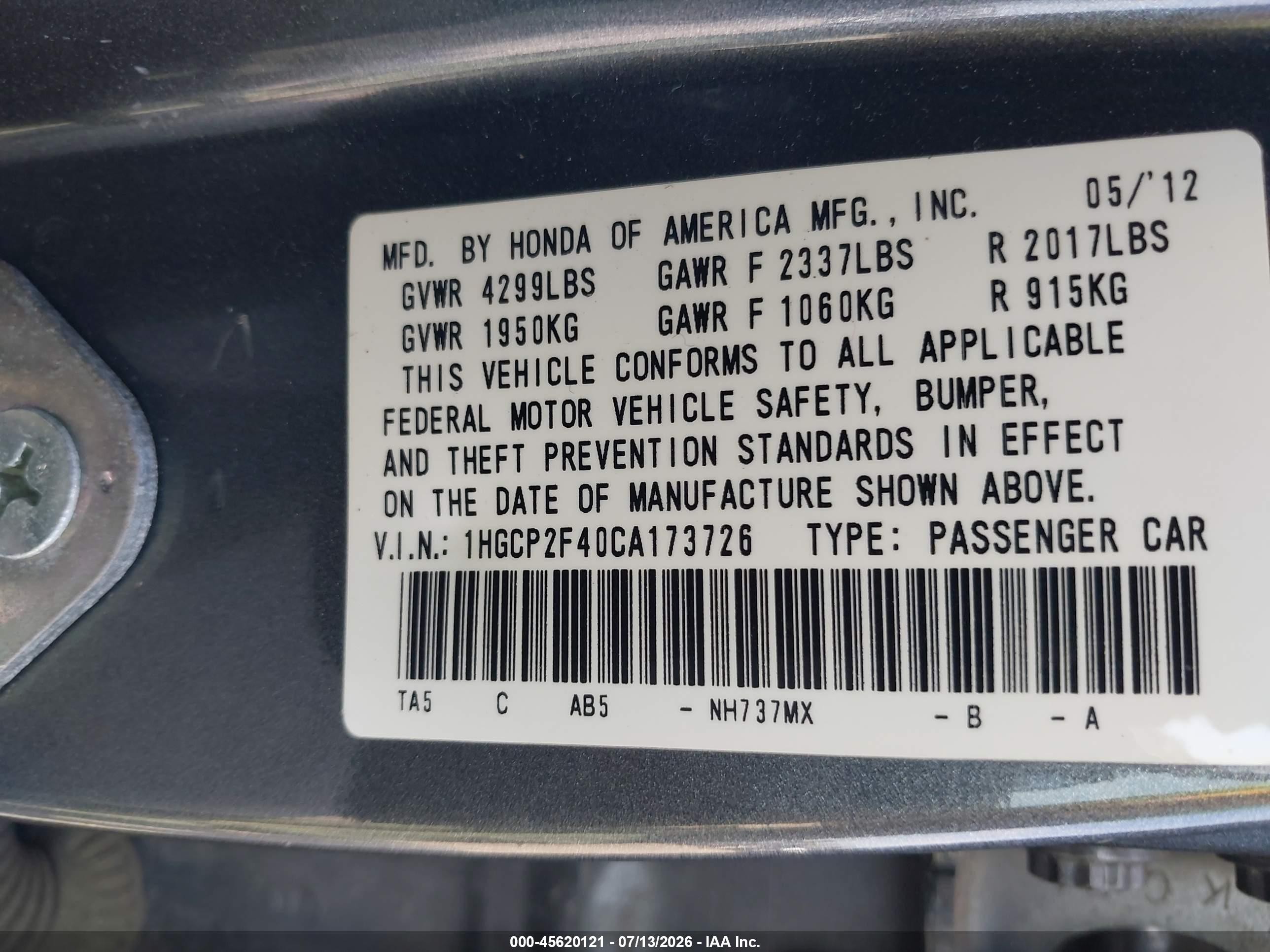 2012 Honda Accord 2.4 Lx-p Gray vin: 1HGCP2F40CA173726