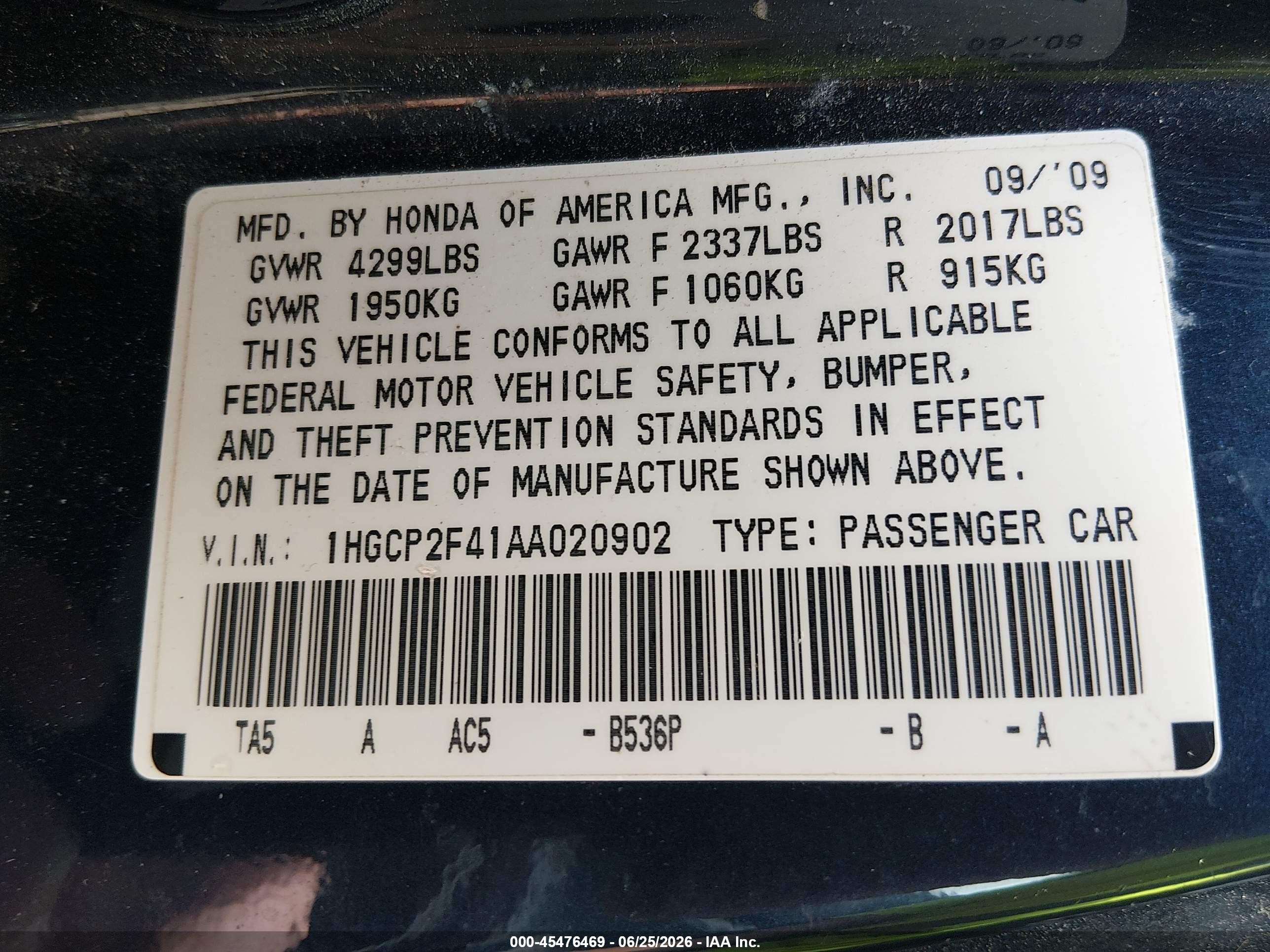 2010 Honda Accord 2.4 Lx-p Синий vin: 1HGCP2F41AA020902