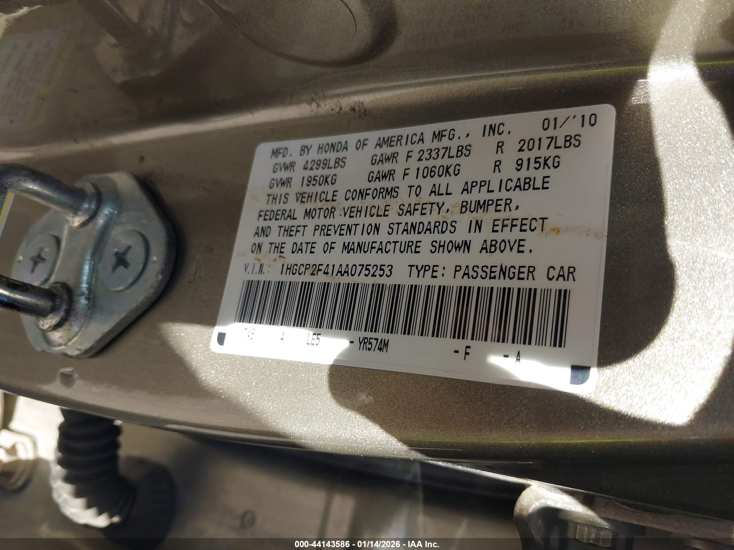 2010 Honda Accord 2.4 Lx-p Gold vin: 1HGCP2F41AA075253