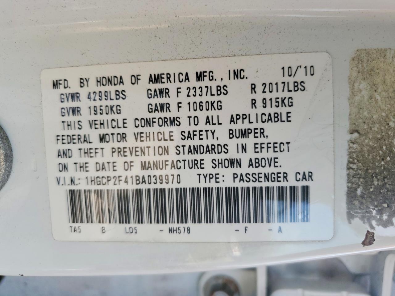 2011 Honda Accord Lxp White vin: 1HGCP2F41BA039970