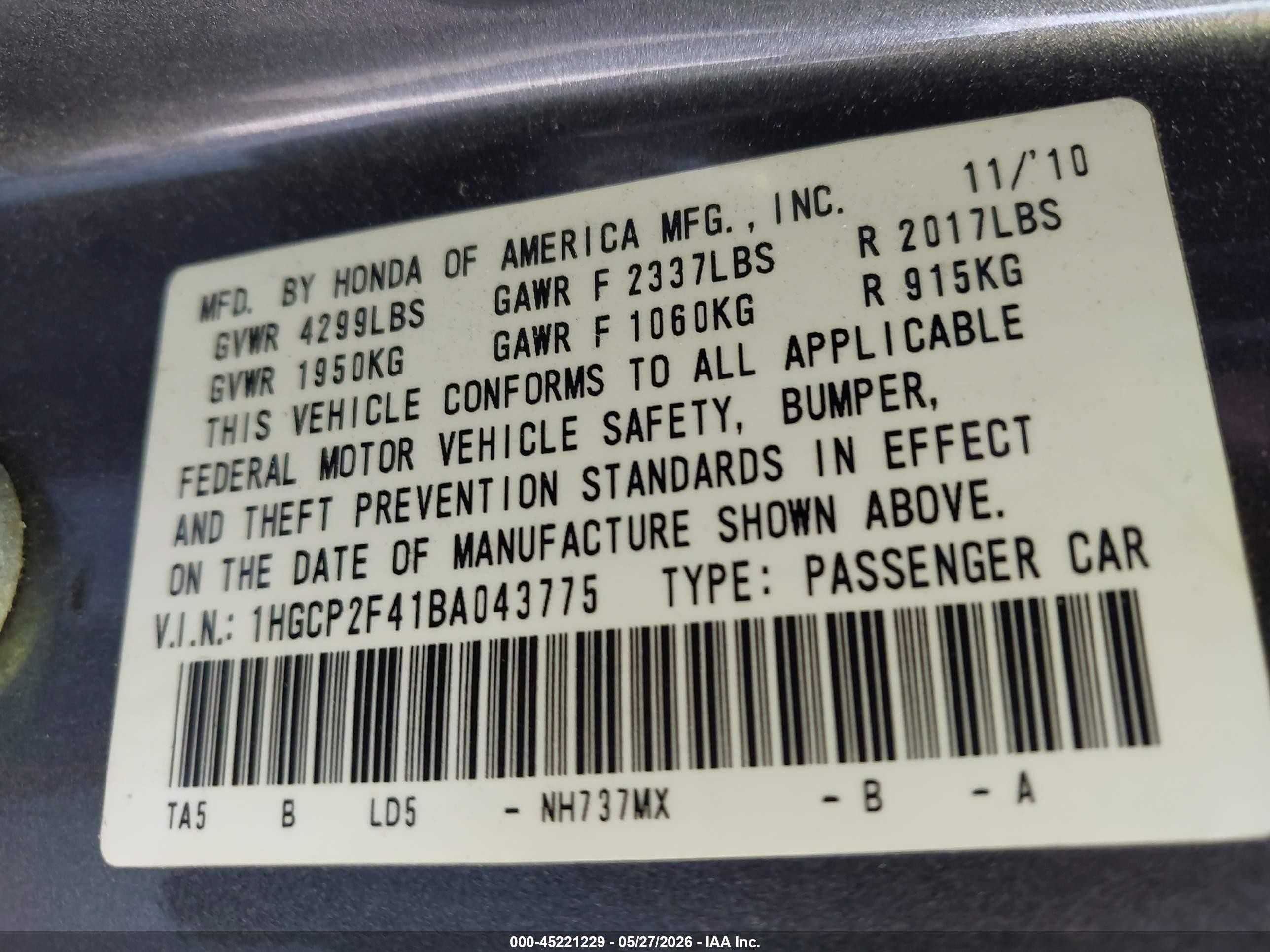 2011 Honda Accord 2.4 Lx-p Green vin: 1HGCP2F41BA043775