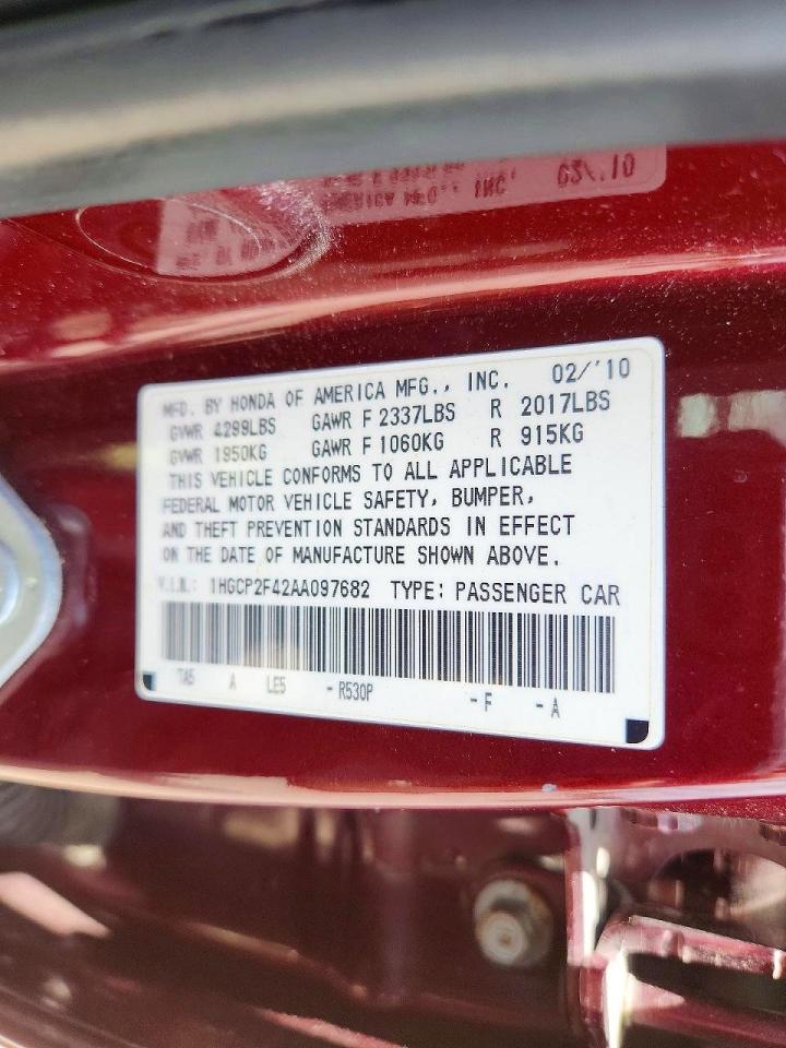 2010 Honda Accord Lxp Burgundy vin: 1HGCP2F42AA097682