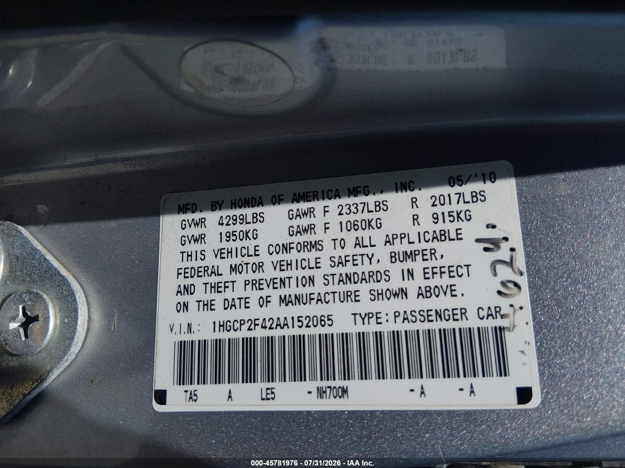 2010 Honda Accord 2.4 Lx-p Gray vin: 1HGCP2F42AA152065