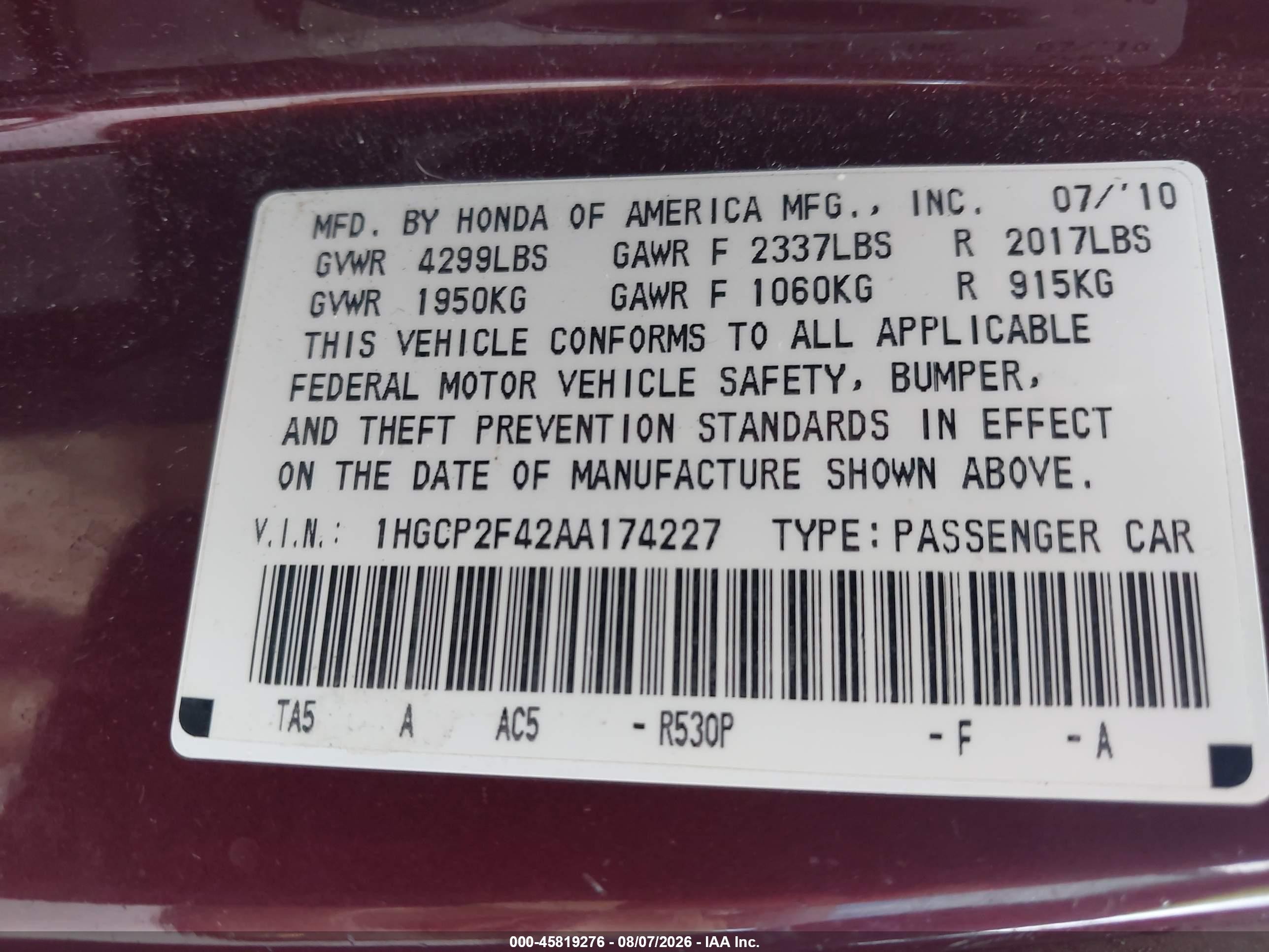 2010 Honda Accord 2.4 Lx-p Burgundy vin: 1HGCP2F42AA174227