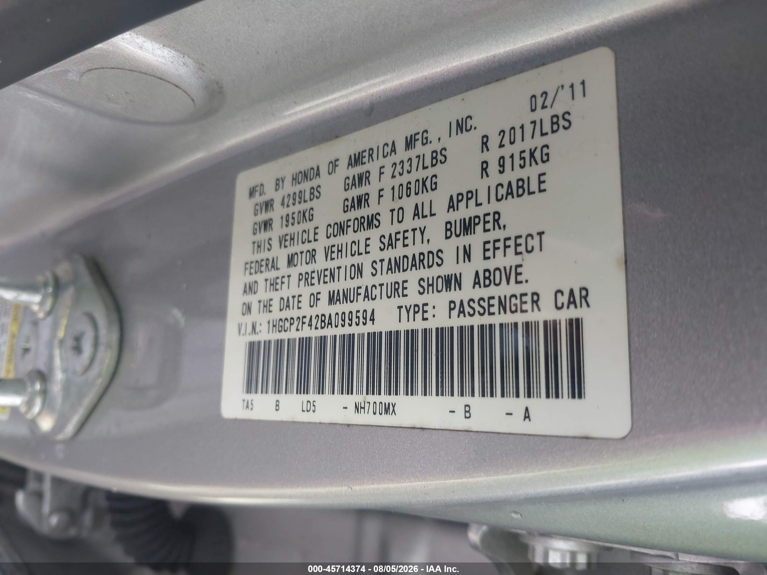 2011 Honda Accord 2.4 Lx-p Silver vin: 1HGCP2F42BA099594