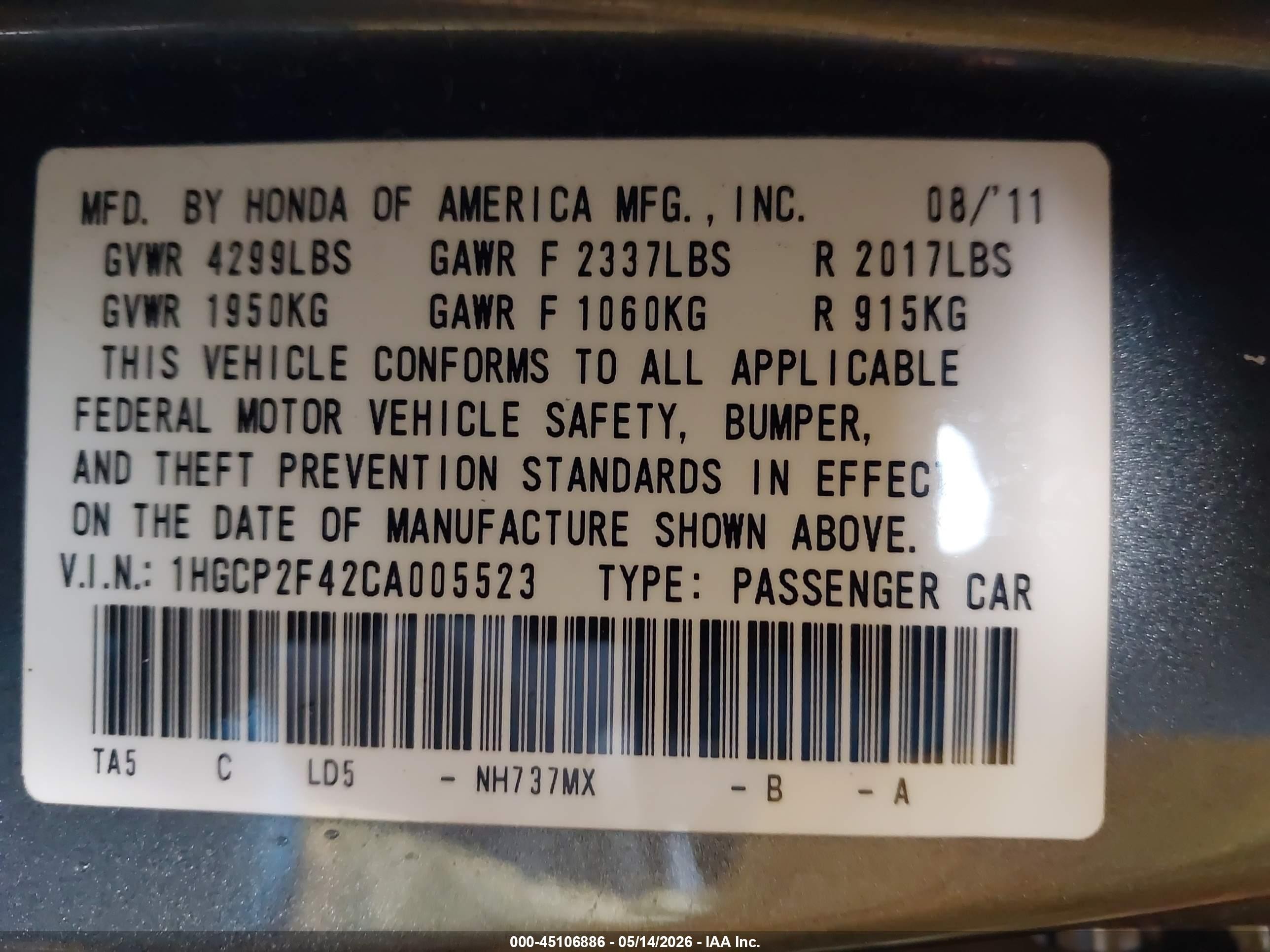 2012 Honda Accord 2.4 Lx-p Gray vin: 1HGCP2F42CA005523