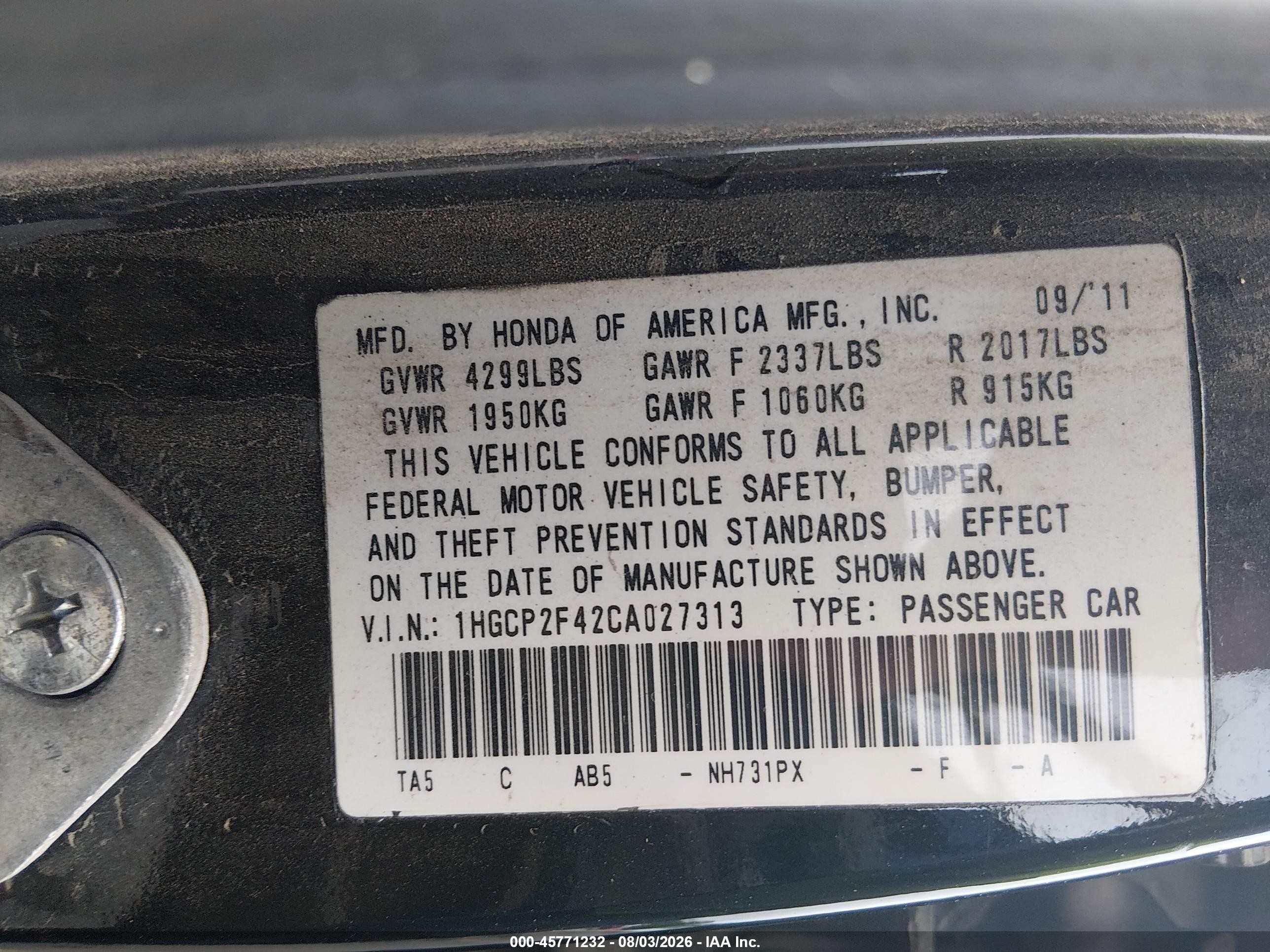 2012 Honda Accord 2.4 Lx-p Black vin: 1HGCP2F42CA027313