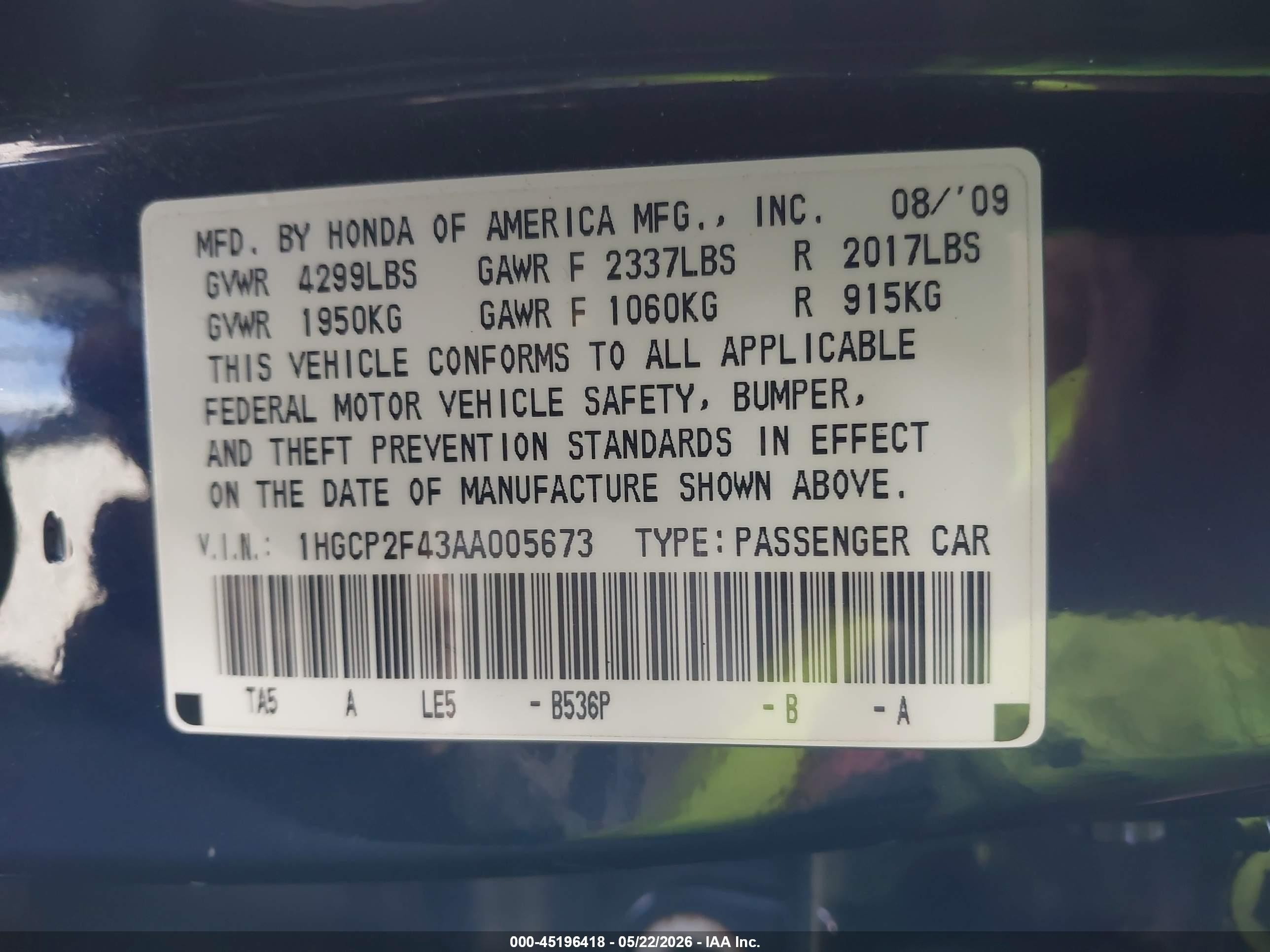 2010 Honda Accord 2.4 Lx-p Blue vin: 1HGCP2F43AA005673