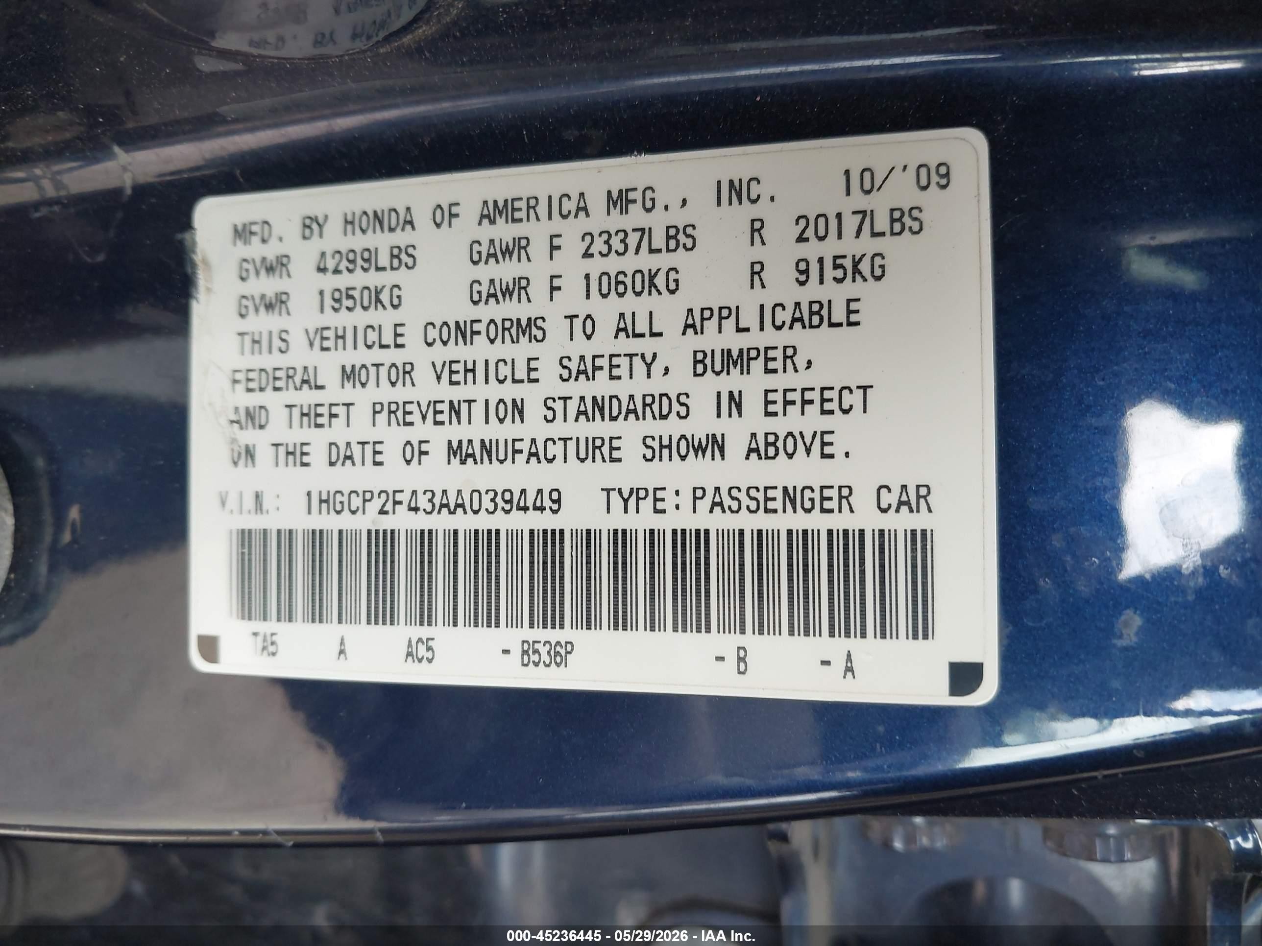 2010 Honda Accord 2.4 Lx-p Dark Blue vin: 1HGCP2F43AA039449