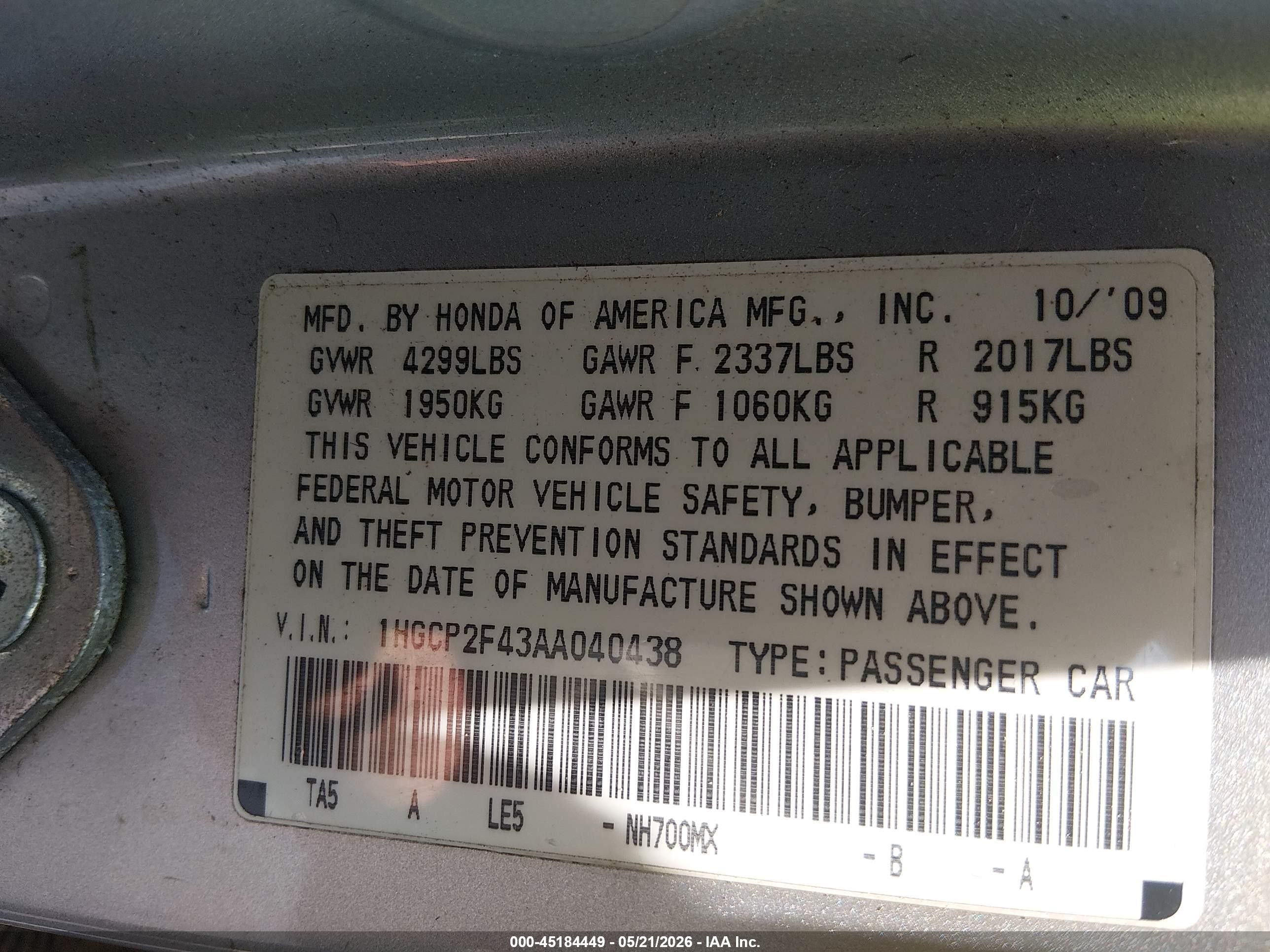 2010 Honda Accord 2.4 Lx-p Silver vin: 1HGCP2F43AA040438