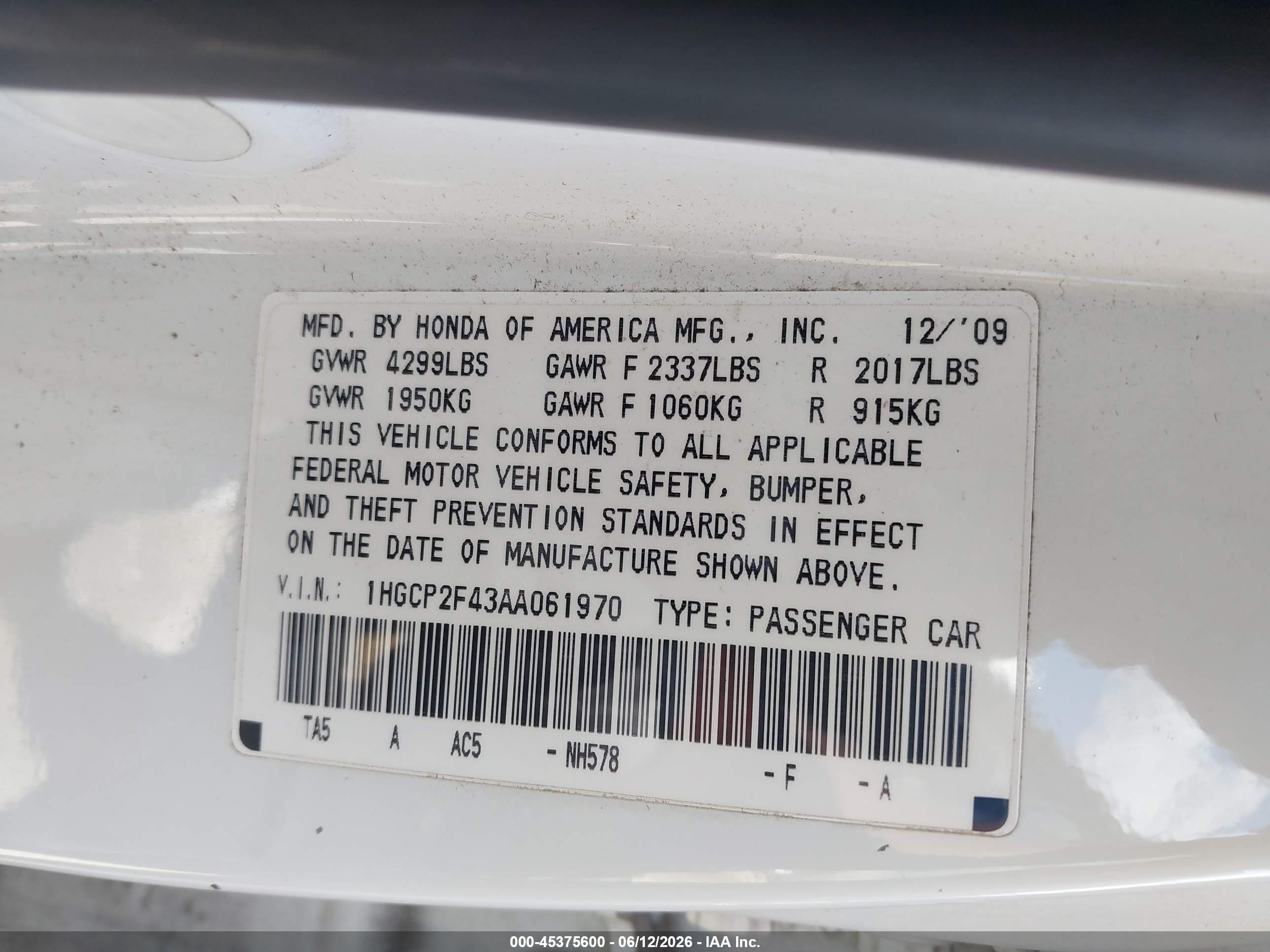 2010 Honda Accord 2.4 Lx-p White vin: 1HGCP2F43AA061970