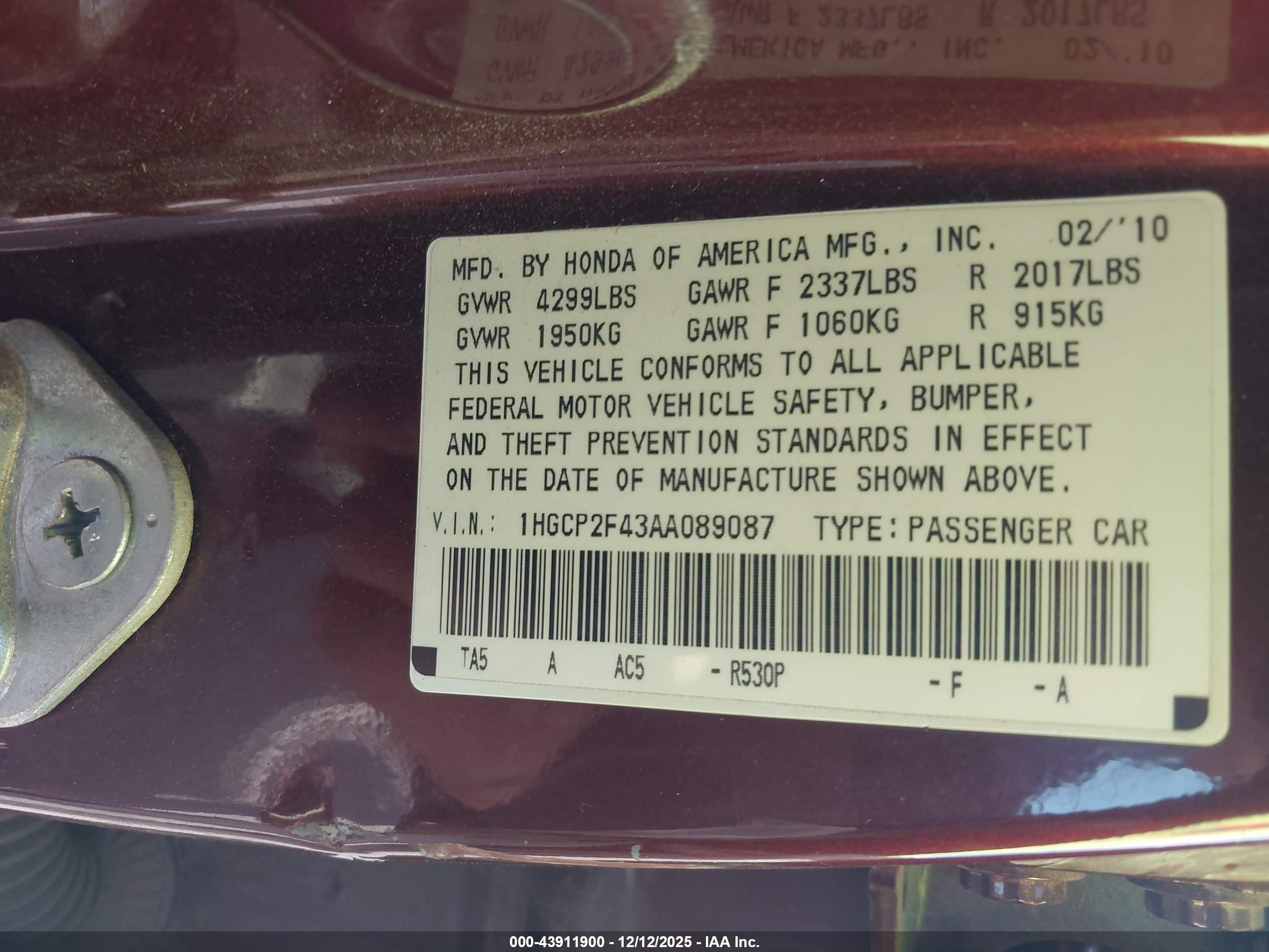 2010 Honda Accord 2.4 Lx-p Maroon vin: 1HGCP2F43AA089087