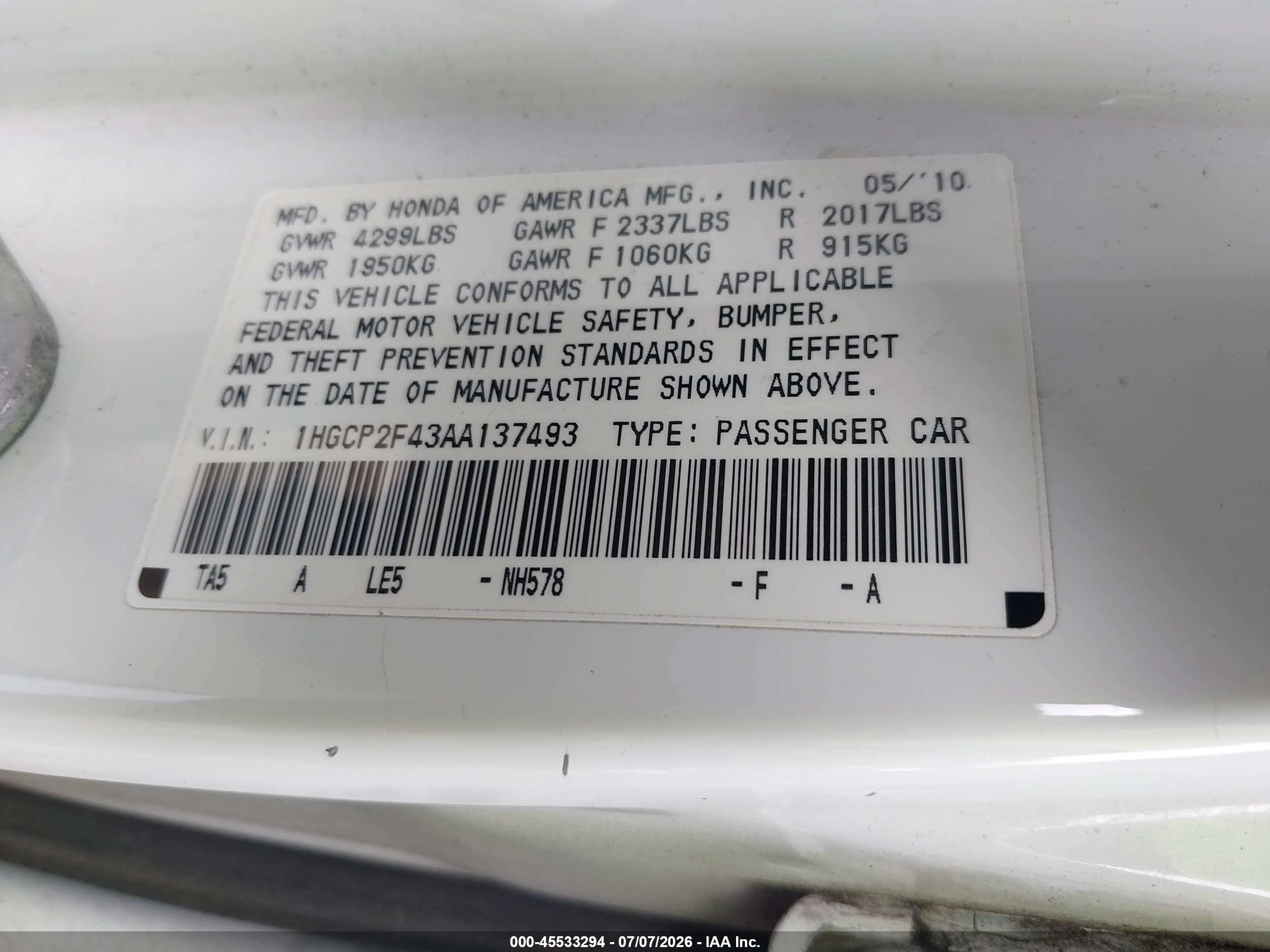 2010 Honda Accord 2.4 Lx-p White vin: 1HGCP2F43AA137493