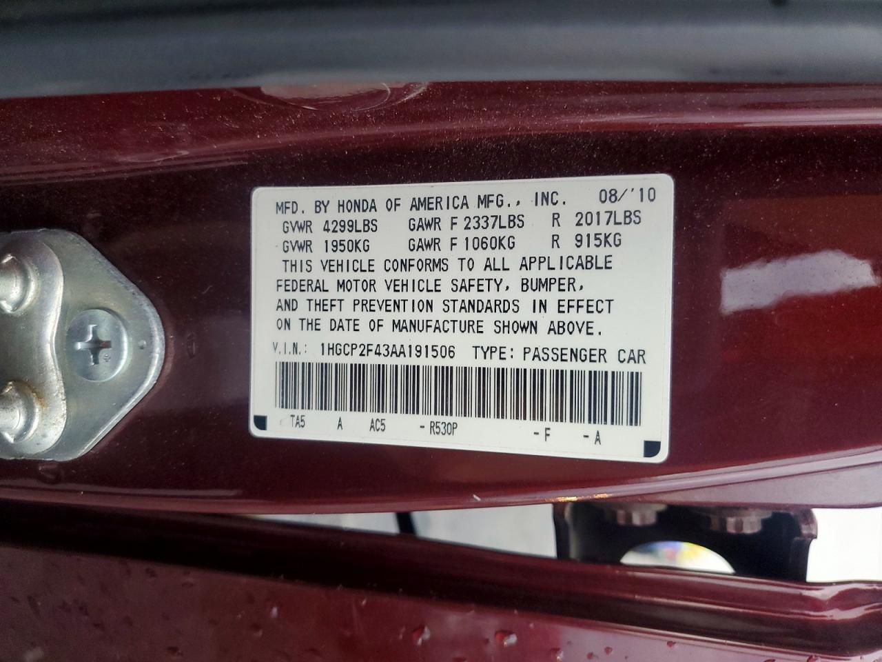 2010 Honda Accord Lxp Red vin: 1HGCP2F43AA191506