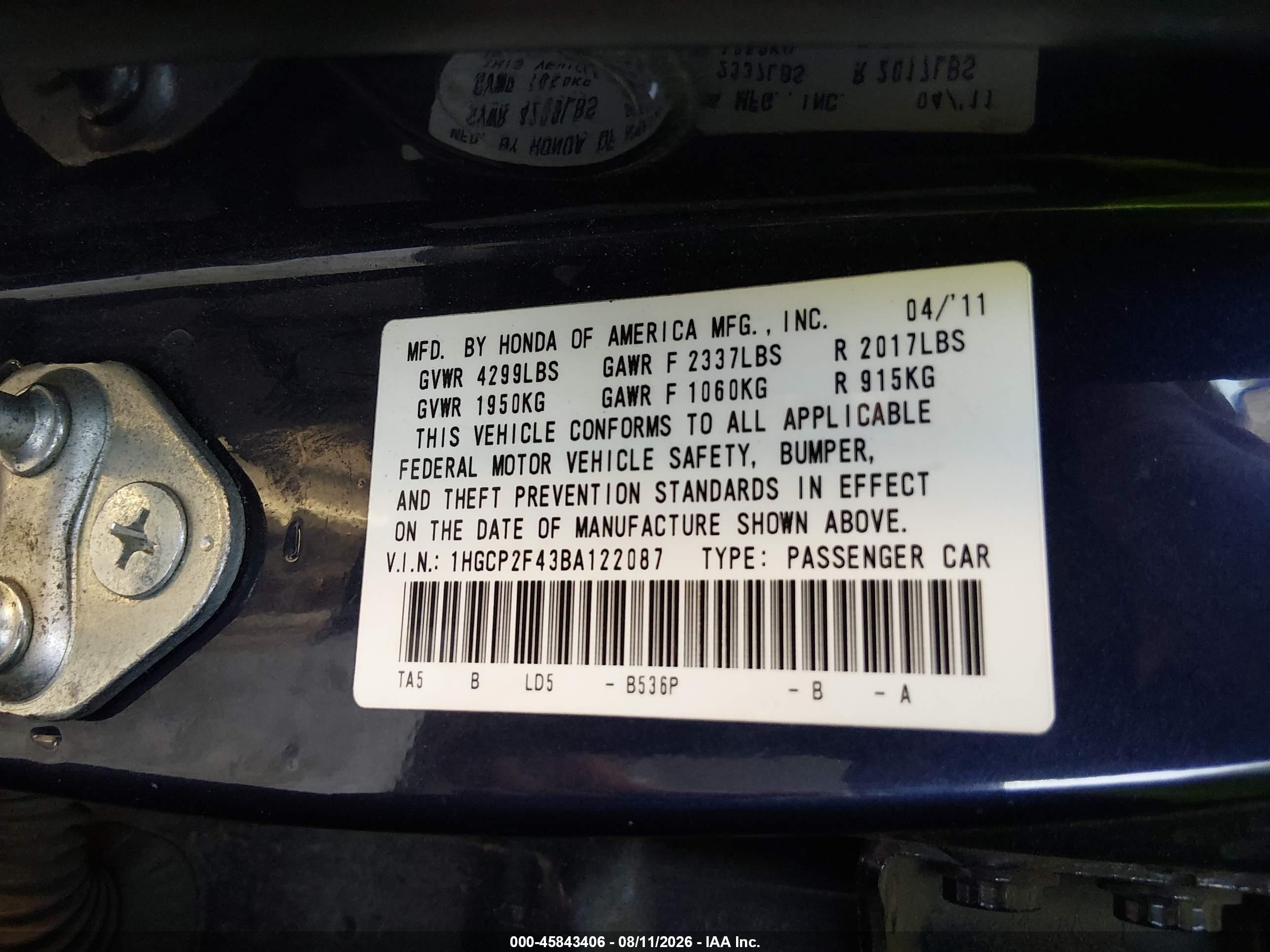 2011 Honda Accord 2.4 Lx-p Black vin: 1HGCP2F43BA122087