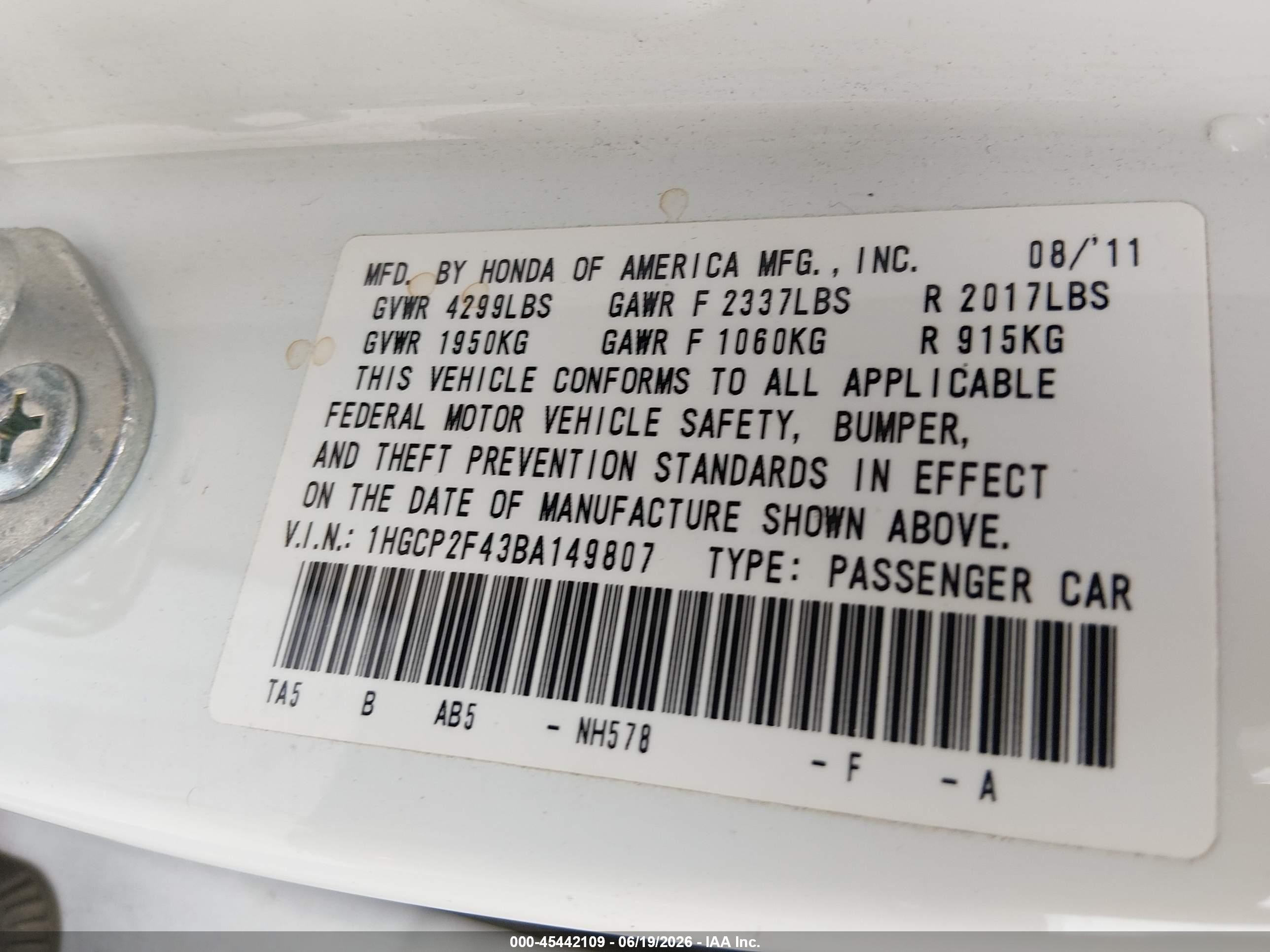 2011 Honda Accord 2.4 Lx-p White vin: 1HGCP2F43BA149807