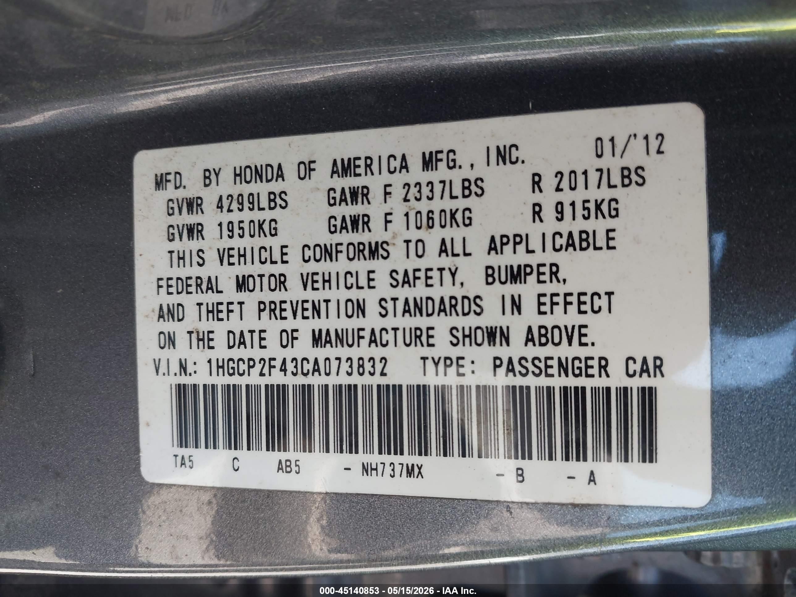 2012 Honda Accord 2.4 Lx-p Gray vin: 1HGCP2F43CA073832