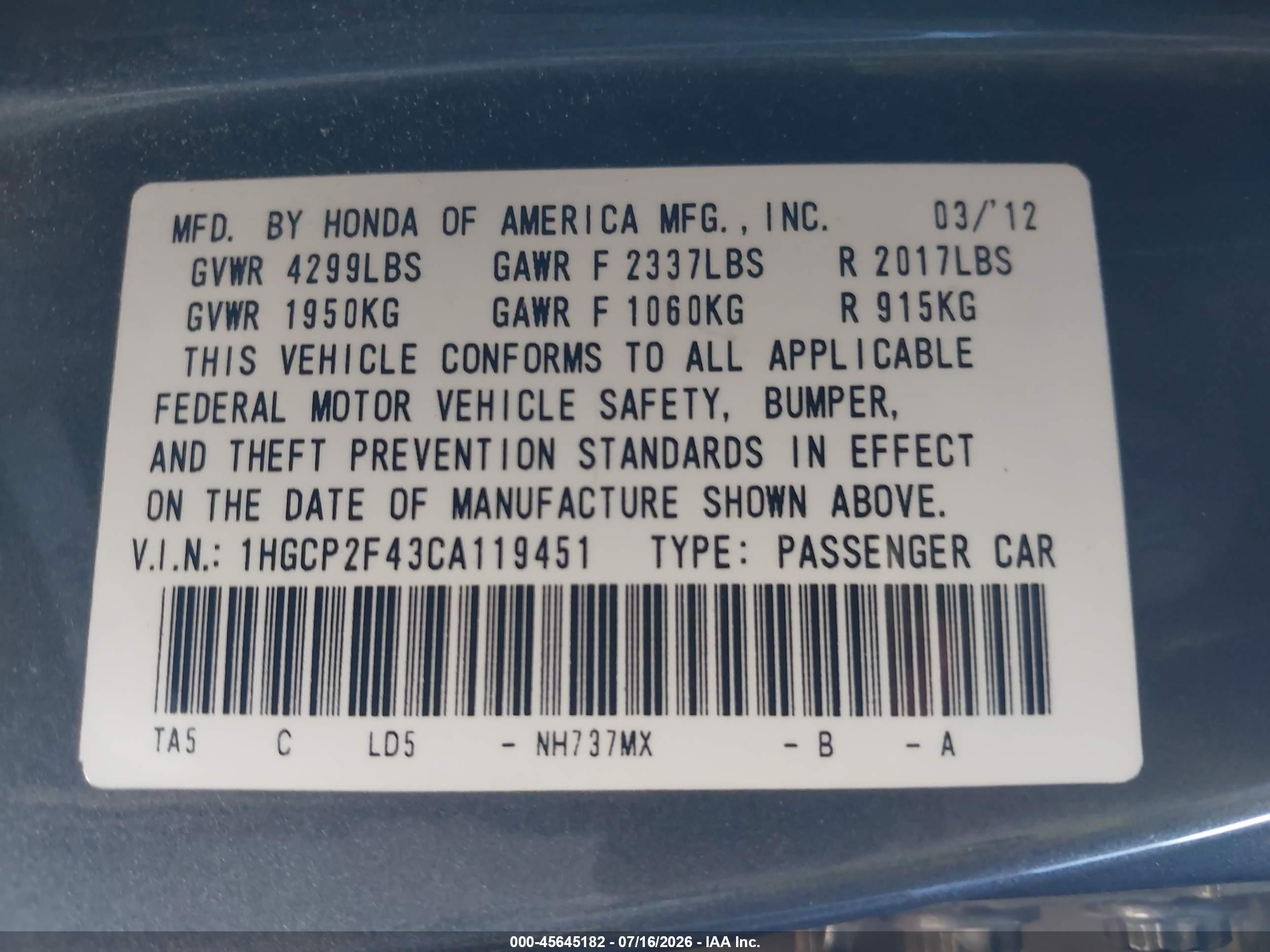 2012 Honda Accord 2.4 Lx-p Gray vin: 1HGCP2F43CA119451