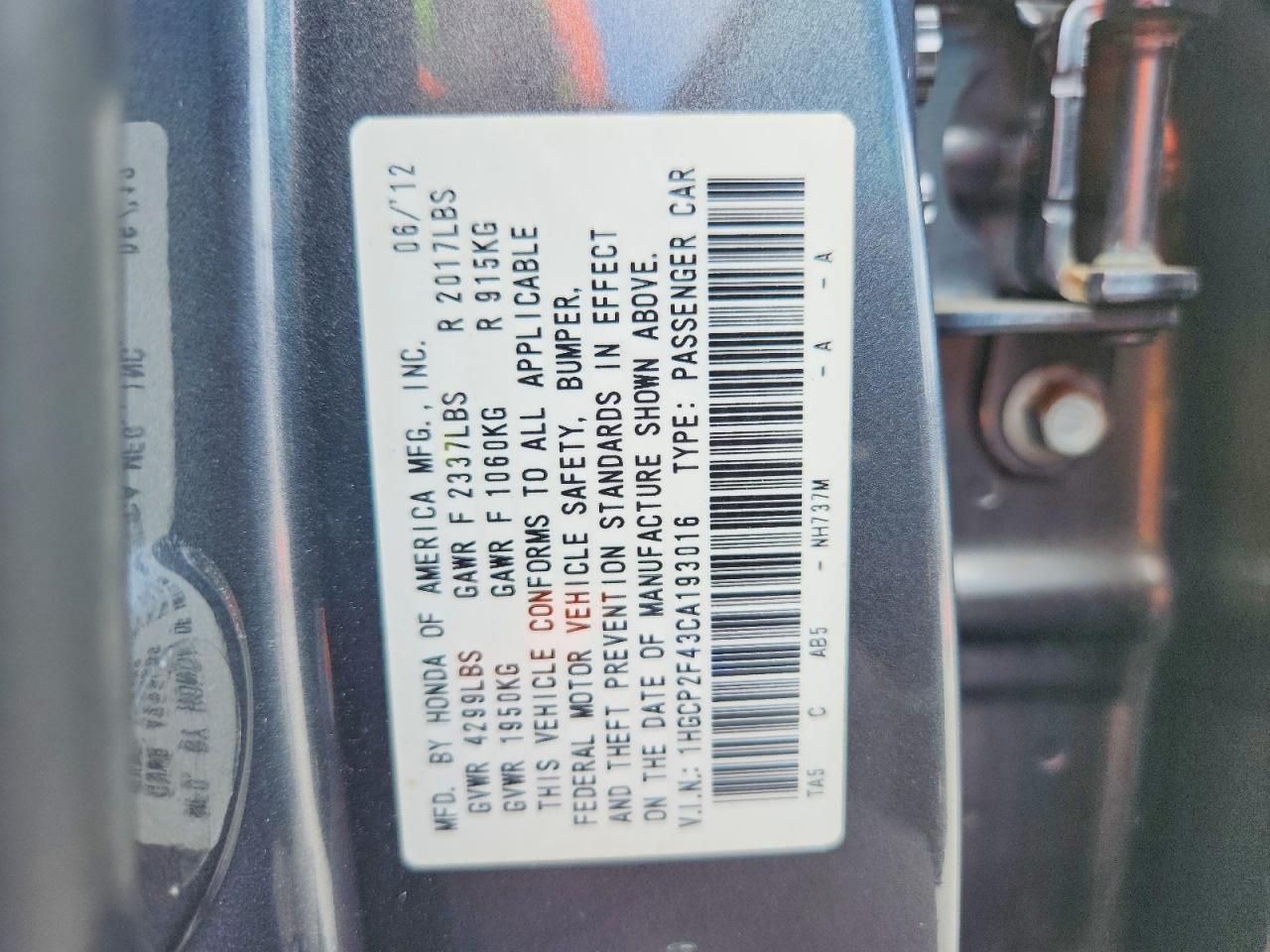2012 Honda Accord Lxp Gray vin: 1HGCP2F43CA193016