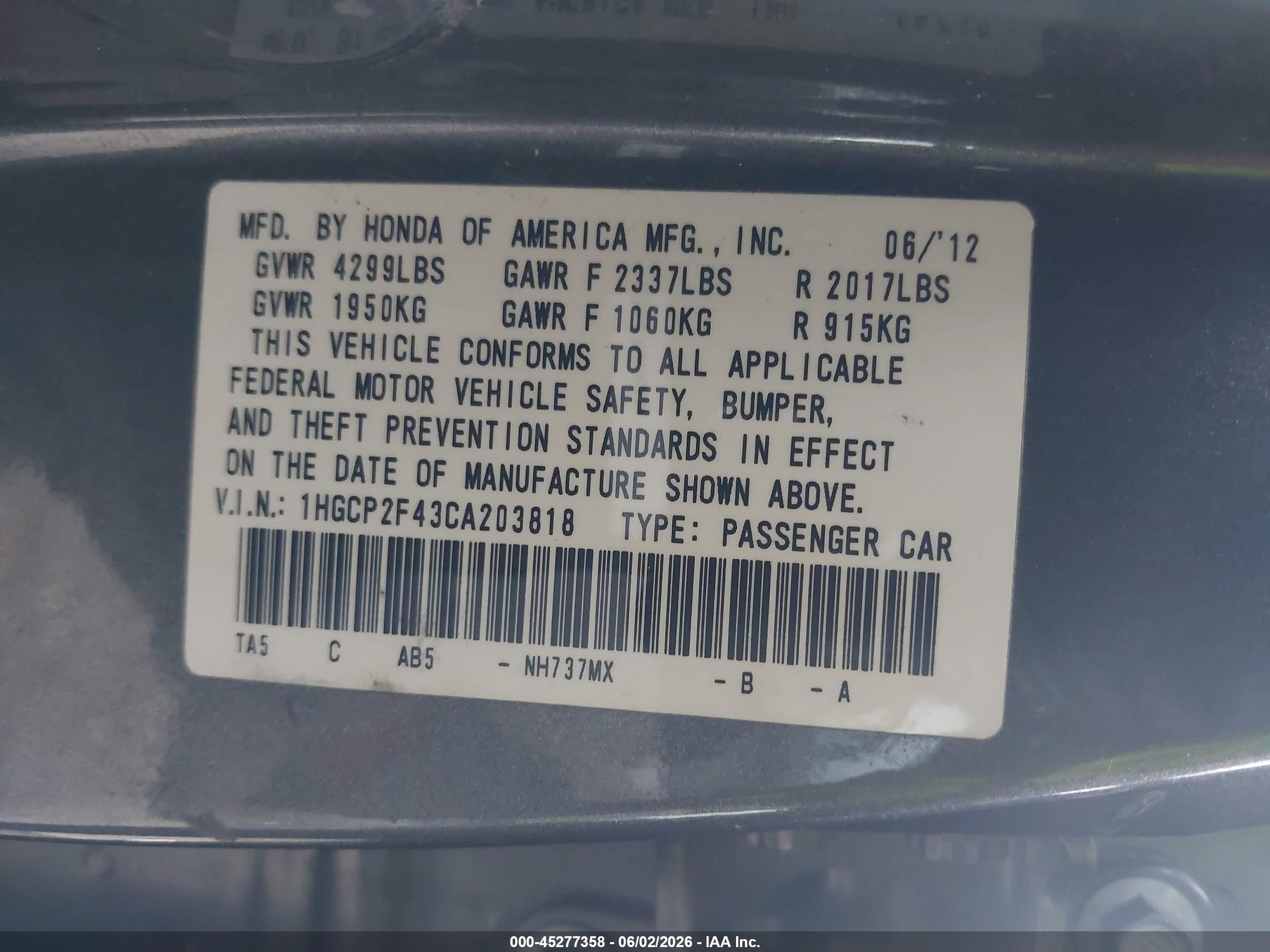 2012 Honda Accord 2.4 Lx-p Gray vin: 1HGCP2F43CA203818