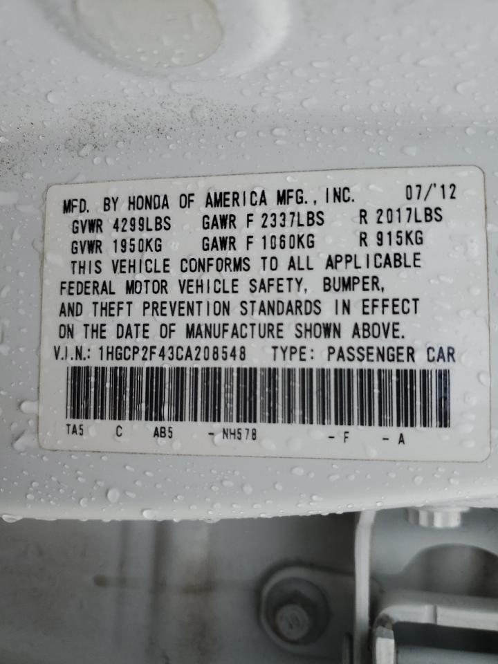 2012 Honda Accord White vin: 1HGCP2F43CA208548