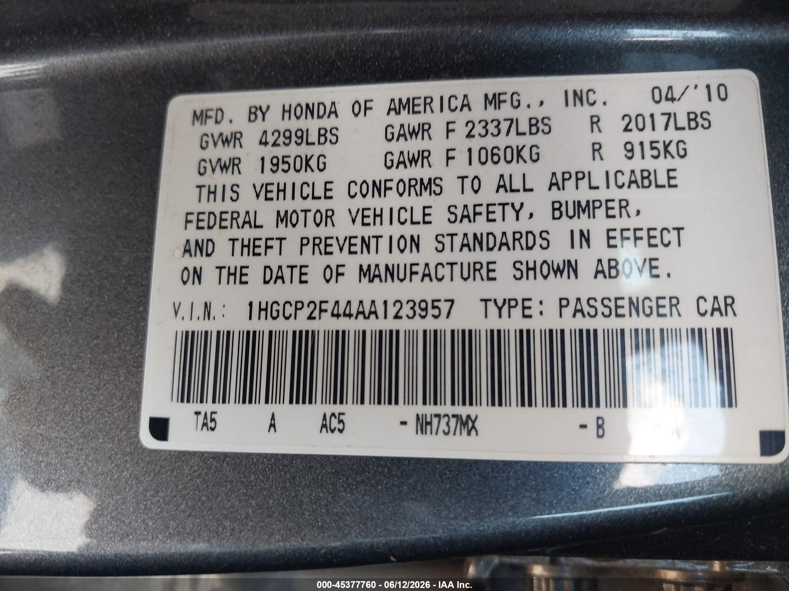 2010 Honda Accord 2.4 Lx-p Gray vin: 1HGCP2F44AA123957