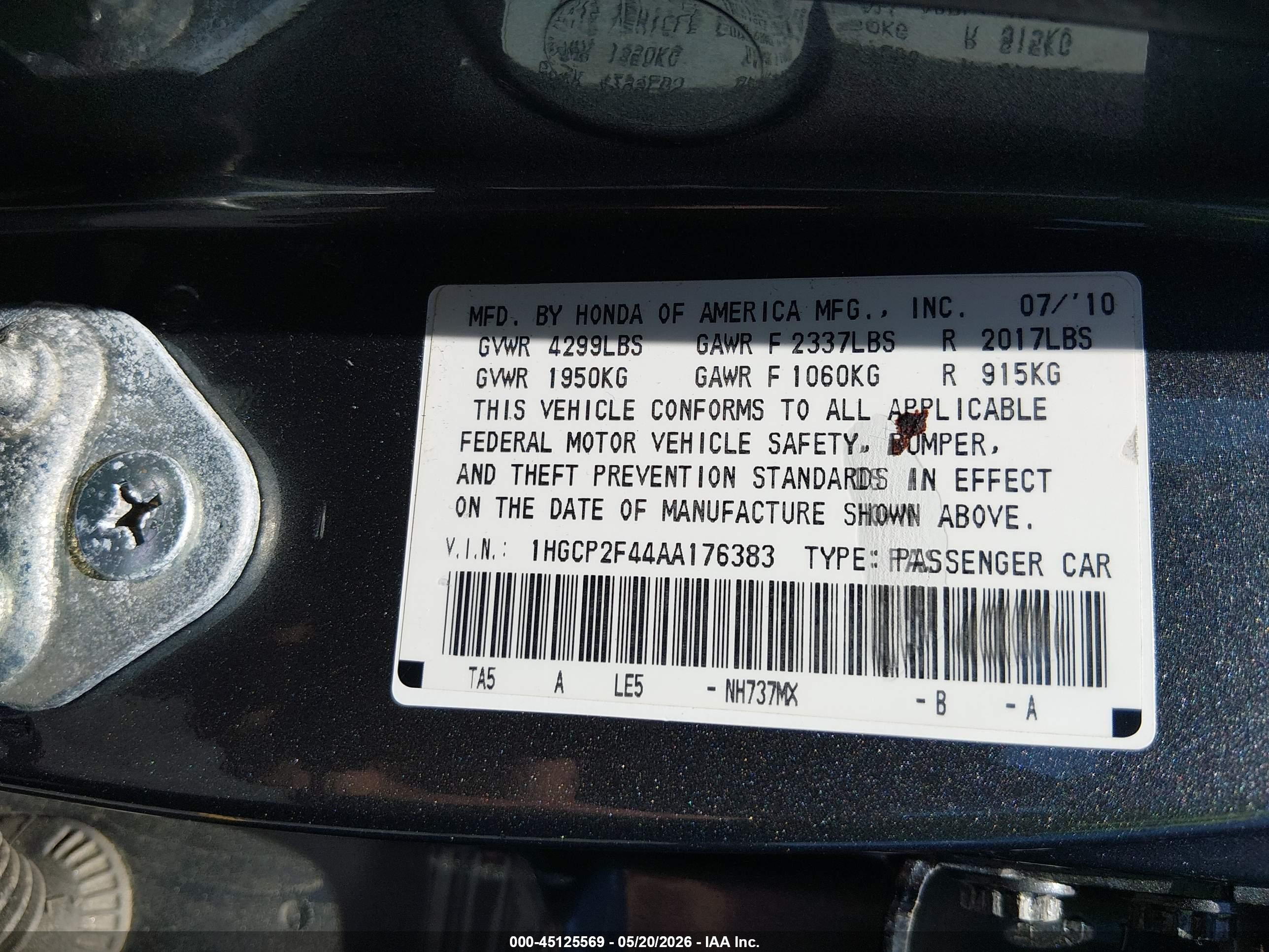 2010 Honda Accord 2.4 Lx-p Gray vin: 1HGCP2F44AA176383