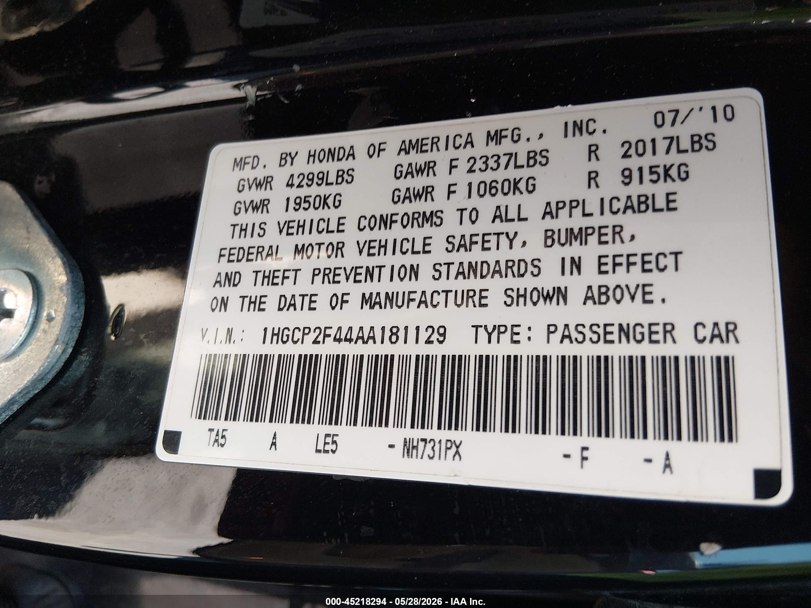 2010 Honda Accord 2.4 Lx-p Black vin: 1HGCP2F44AA181129