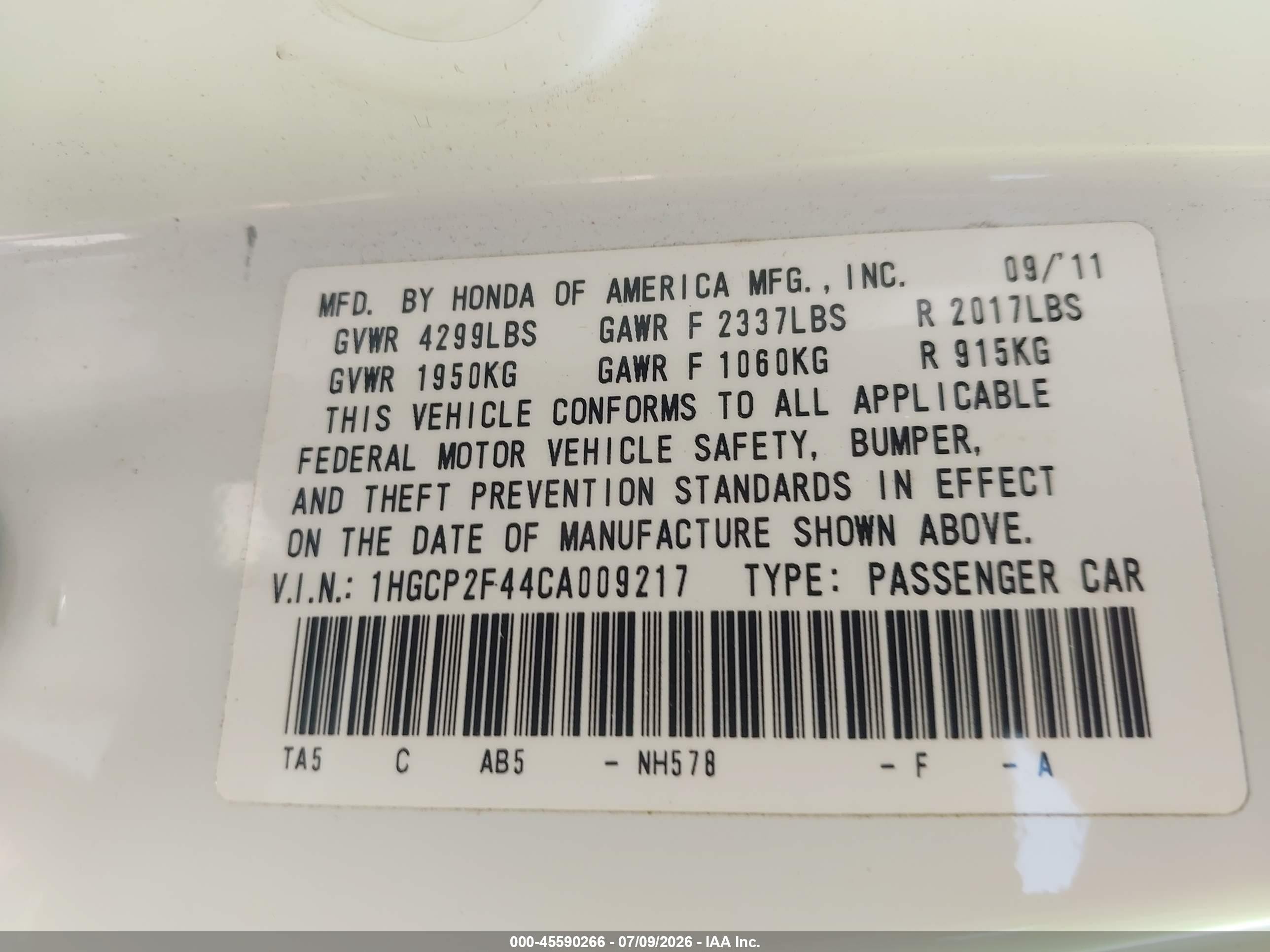 2012 Honda Accord 2.4 Lx-p White vin: 1HGCP2F44CA009217