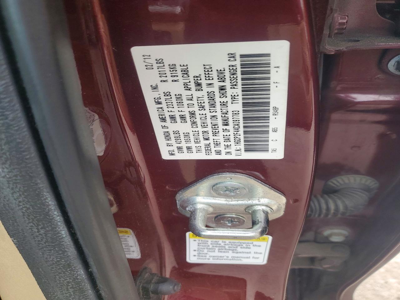 2012 Honda Accord Lxp Burgundy vin: 1HGCP2F44CA097783