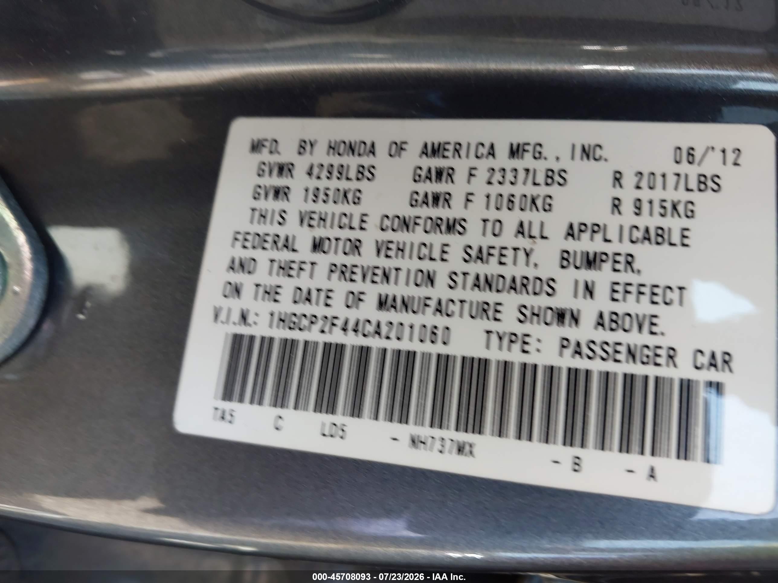 2012 Honda Accord 2.4 Lx-p Gray vin: 1HGCP2F44CA201060
