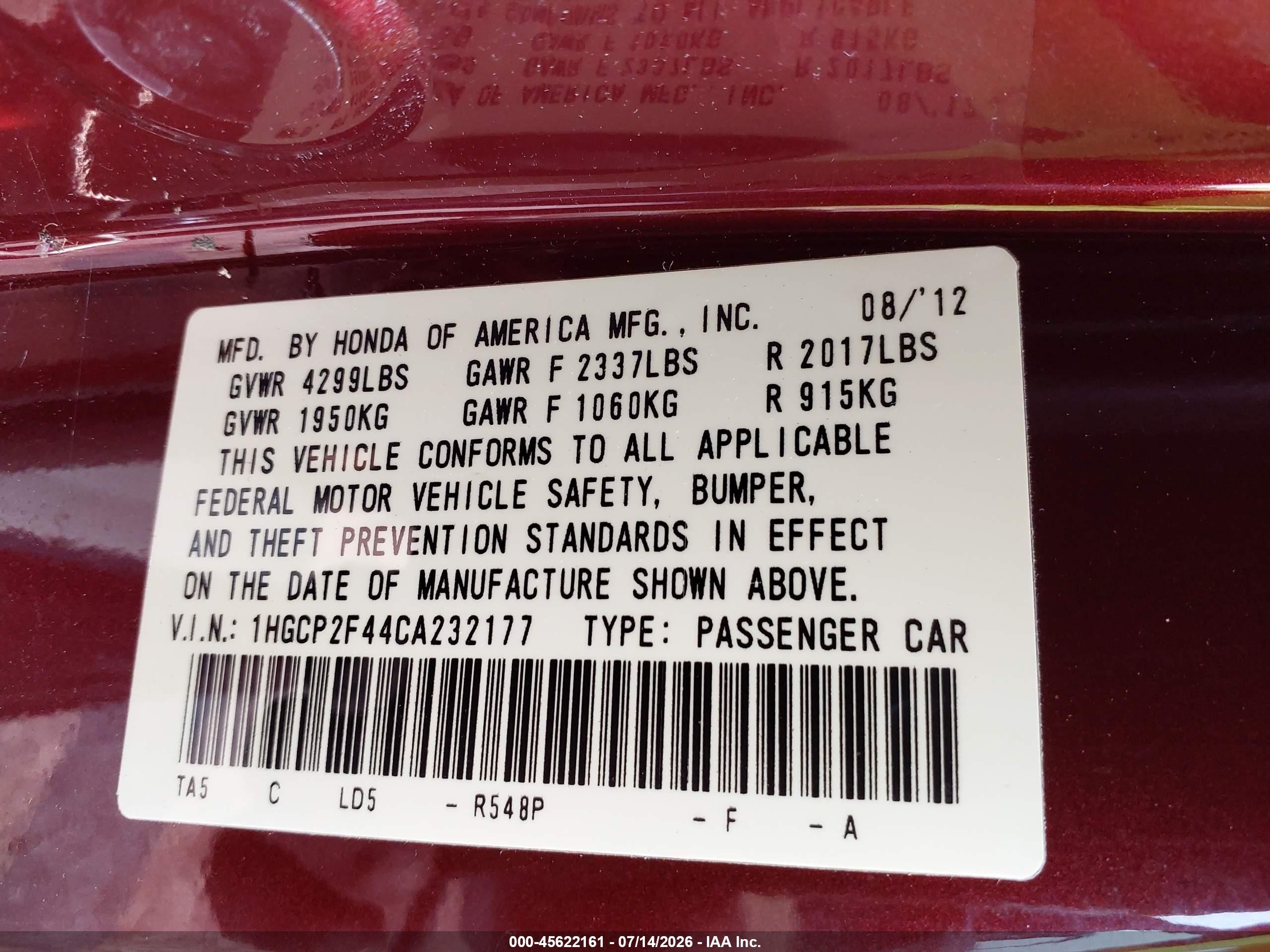 2012 Honda Accord 2.4 Lx-p Maroon vin: 1HGCP2F44CA232177