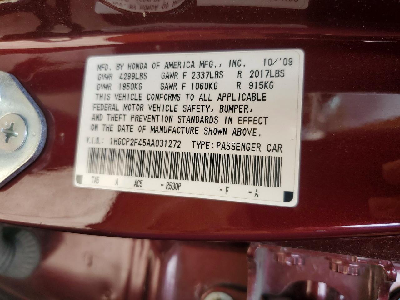 2010 Honda Accord Lxp Burgundy vin: 1HGCP2F45AA031272