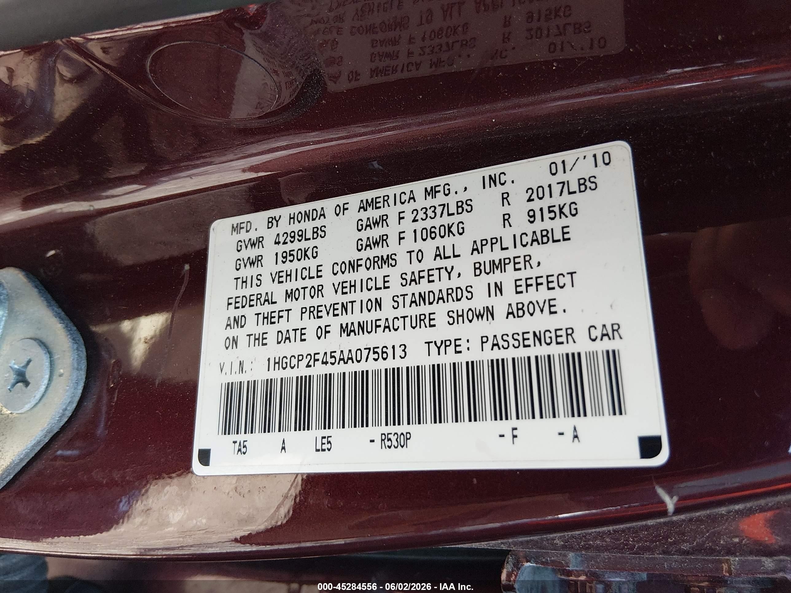 2010 Honda Accord 2.4 Lx-p Maroon vin: 1HGCP2F45AA075613