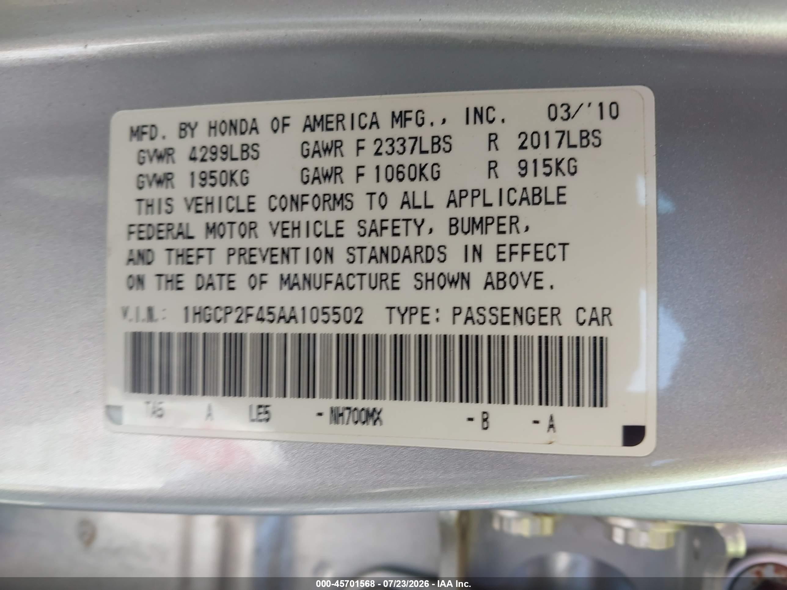 2010 Honda Accord 2.4 Lx-p Silver vin: 1HGCP2F45AA105502