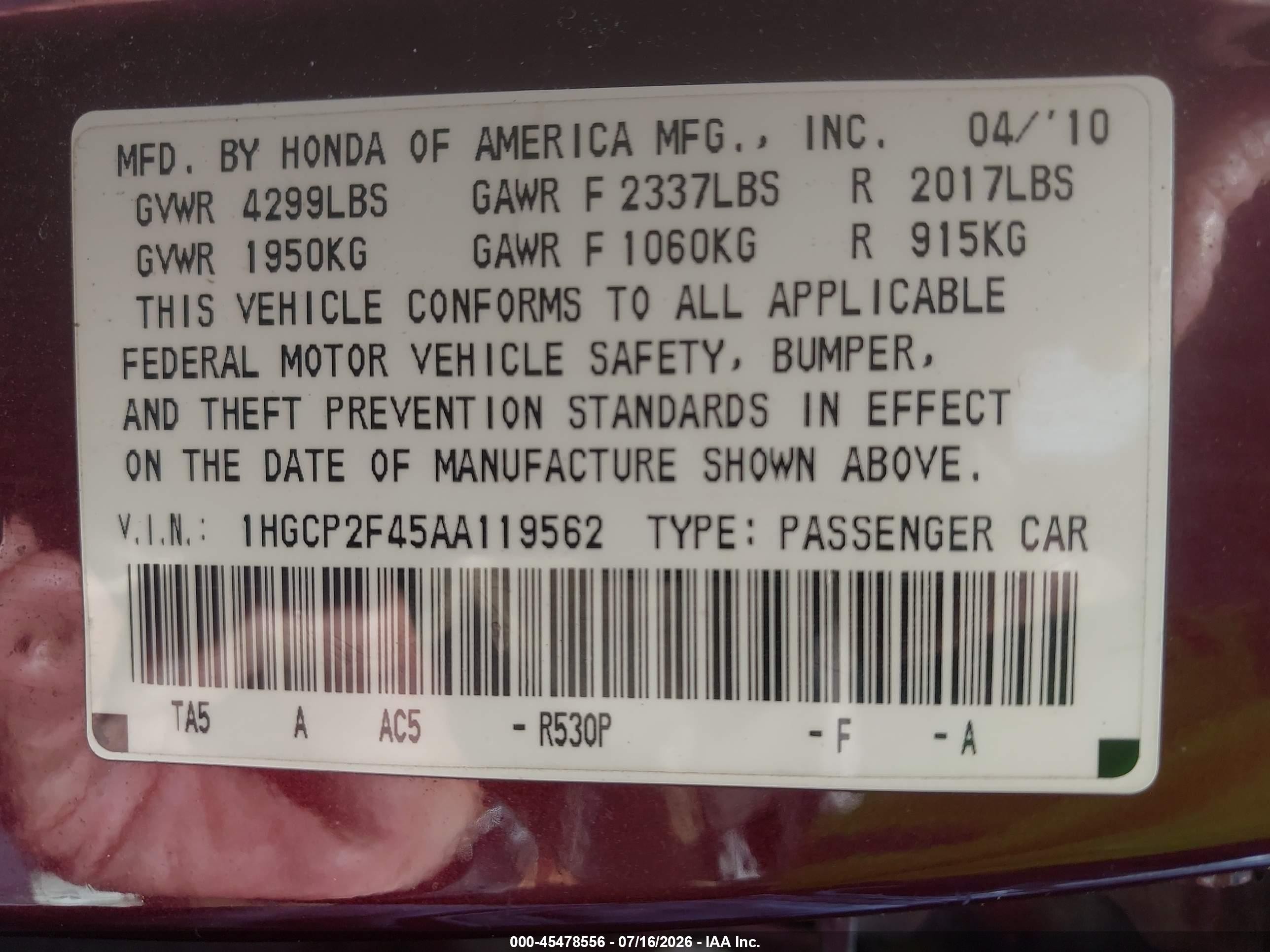 2010 Honda Accord 2.4 Lx-p Burgundy vin: 1HGCP2F45AA119562