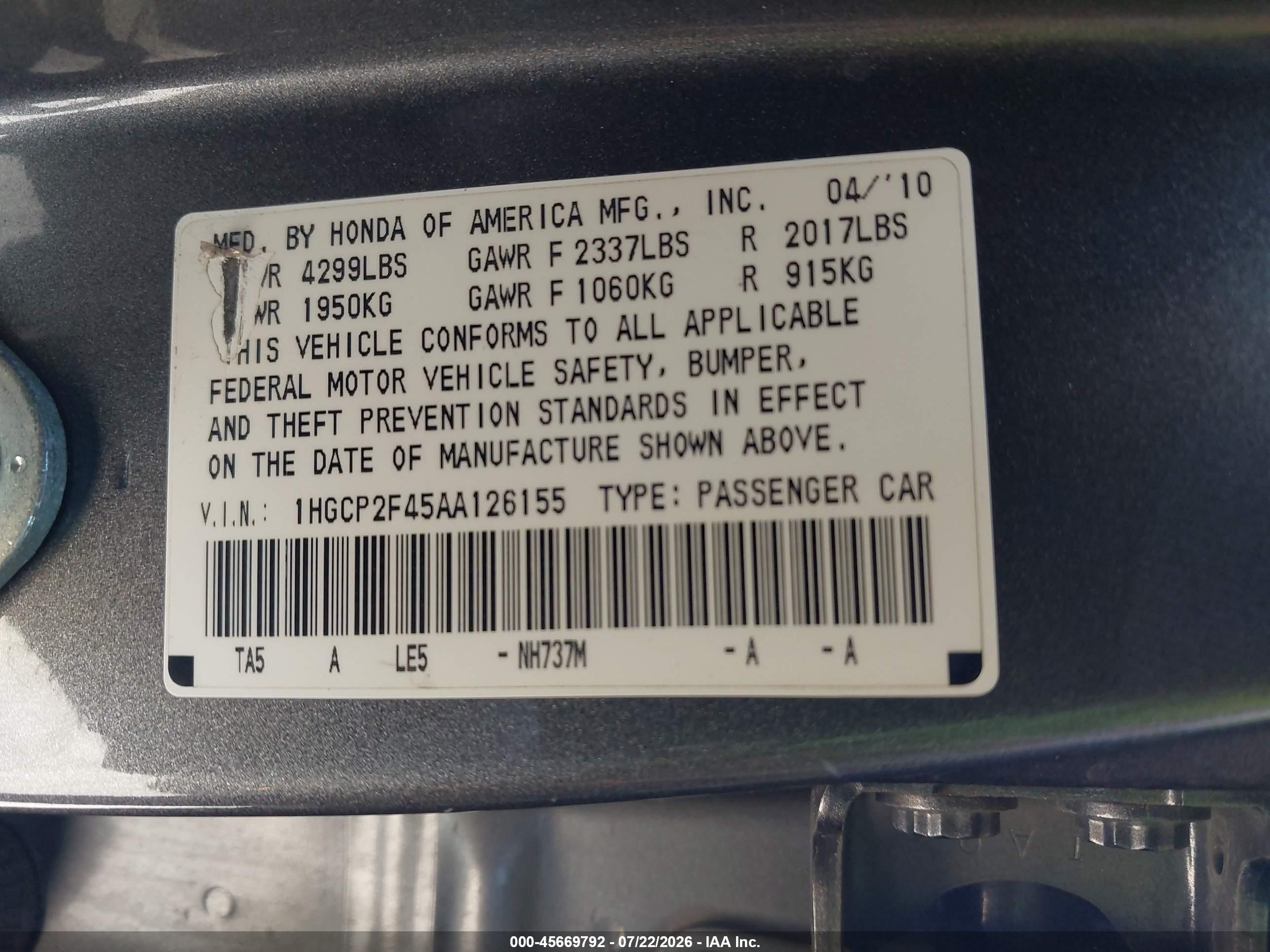 2010 Honda Accord 2.4 Lx-p Gray vin: 1HGCP2F45AA126155