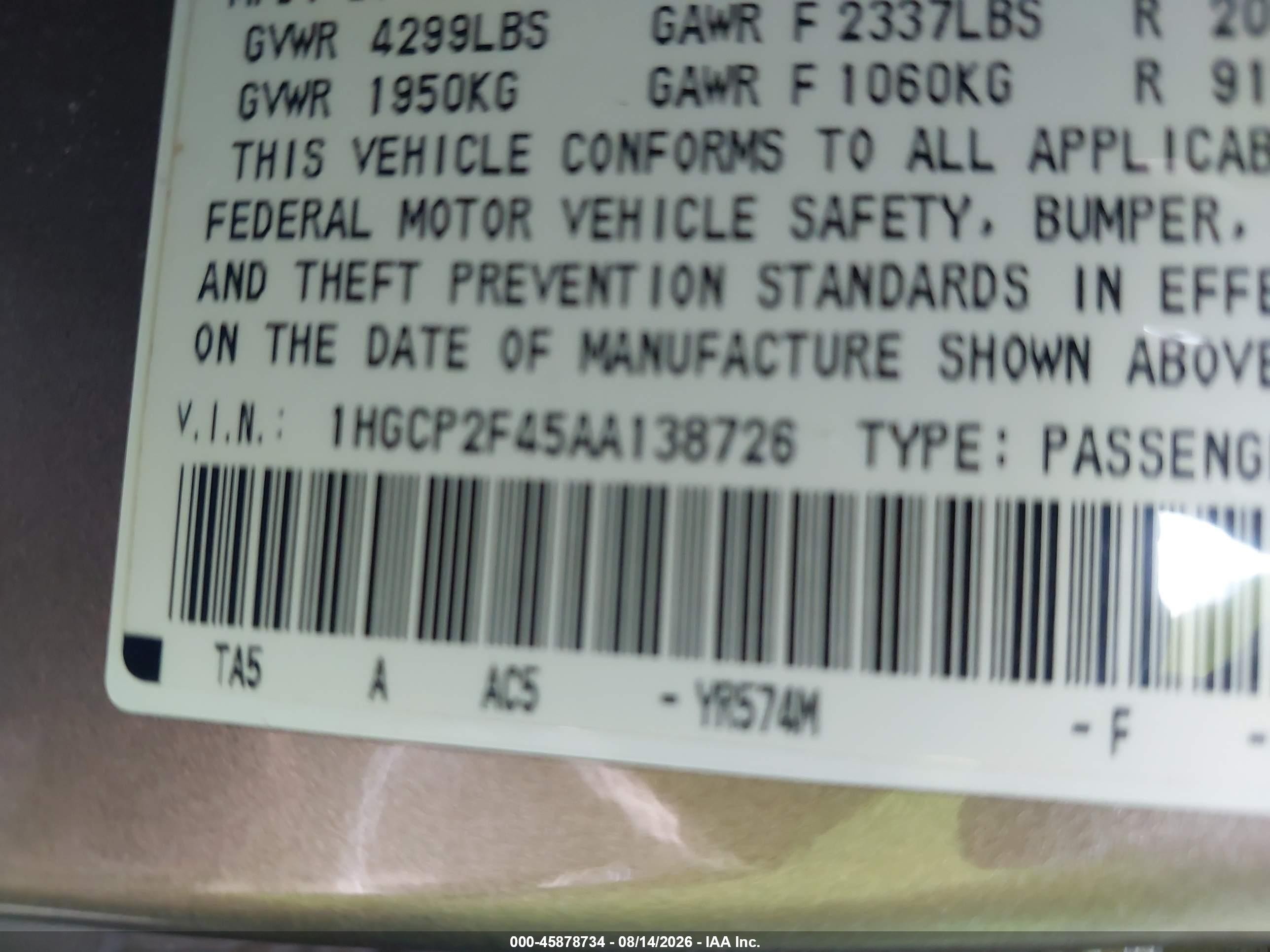 2010 Honda Accord 2.4 Lx-p Gold vin: 1HGCP2F45AA138726