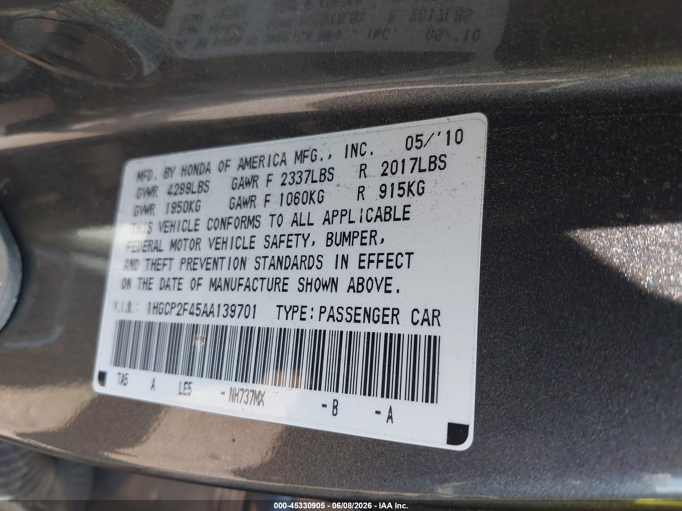 2010 Honda Accord 2.4 Lx-p Gray vin: 1HGCP2F45AA139701