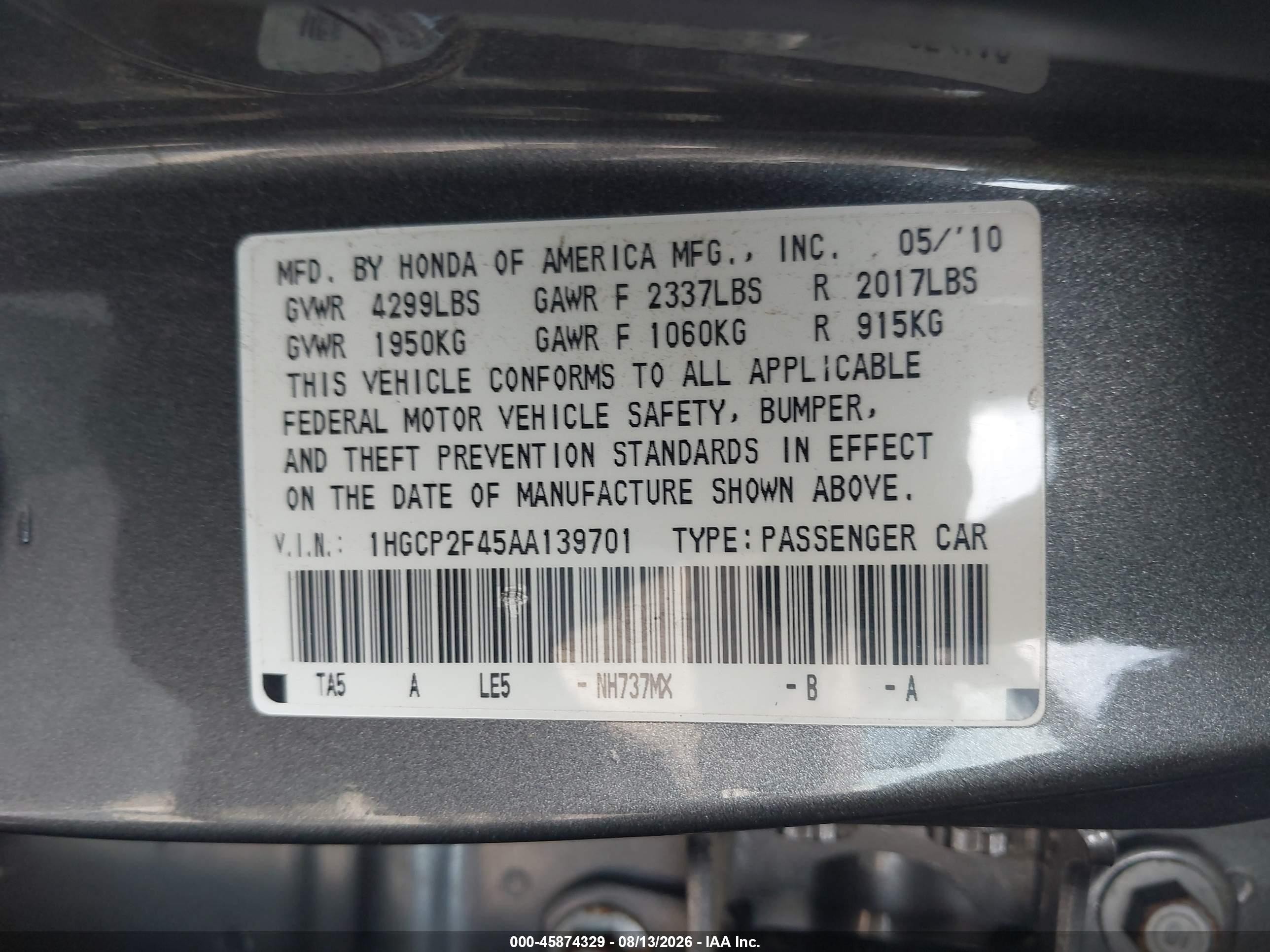 2010 Honda Accord 2.4 Lx-p Серый vin: 1HGCP2F45AA139701