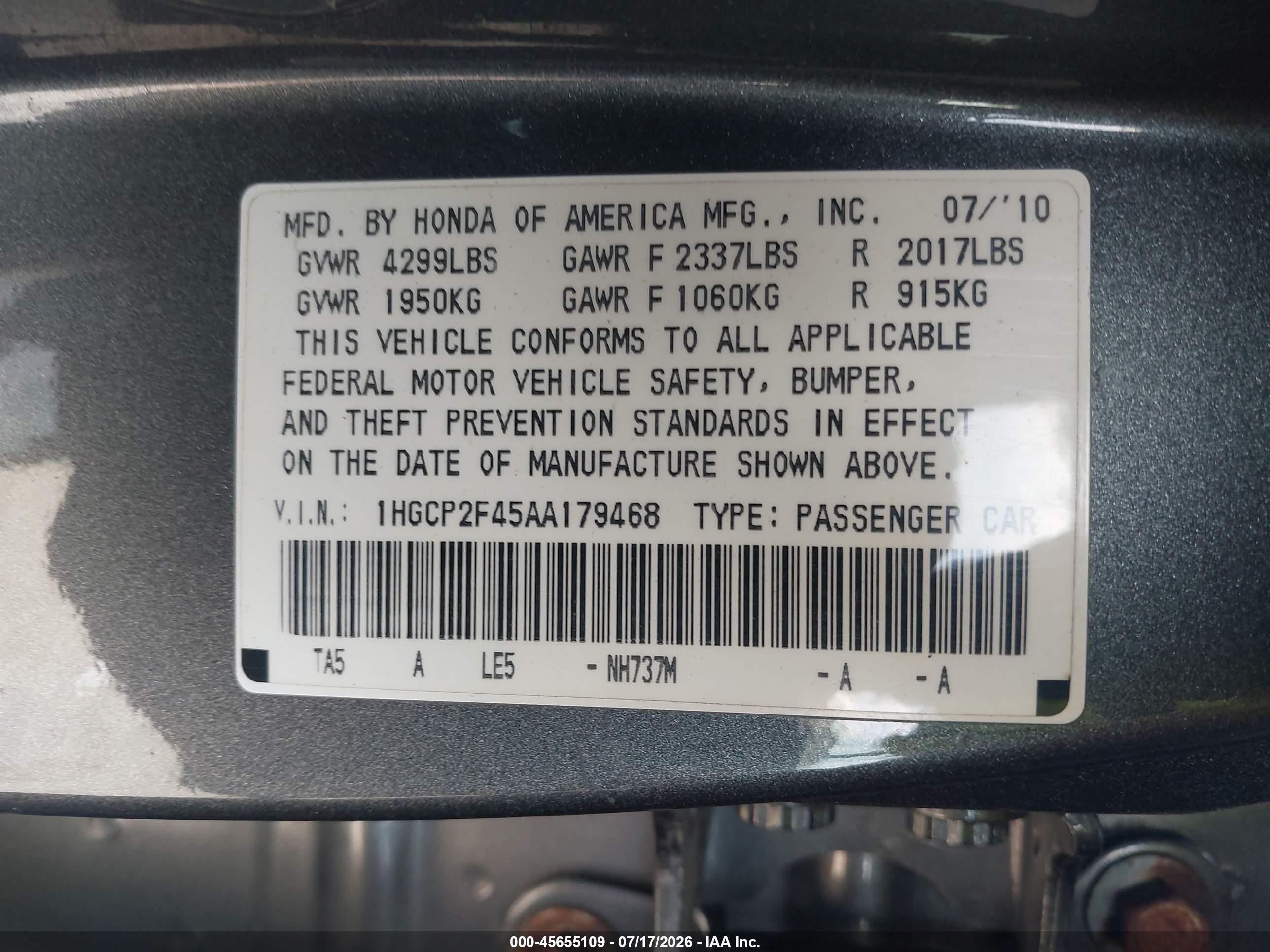 2010 Honda Accord 2.4 Lx-p Gray vin: 1HGCP2F45AA179468